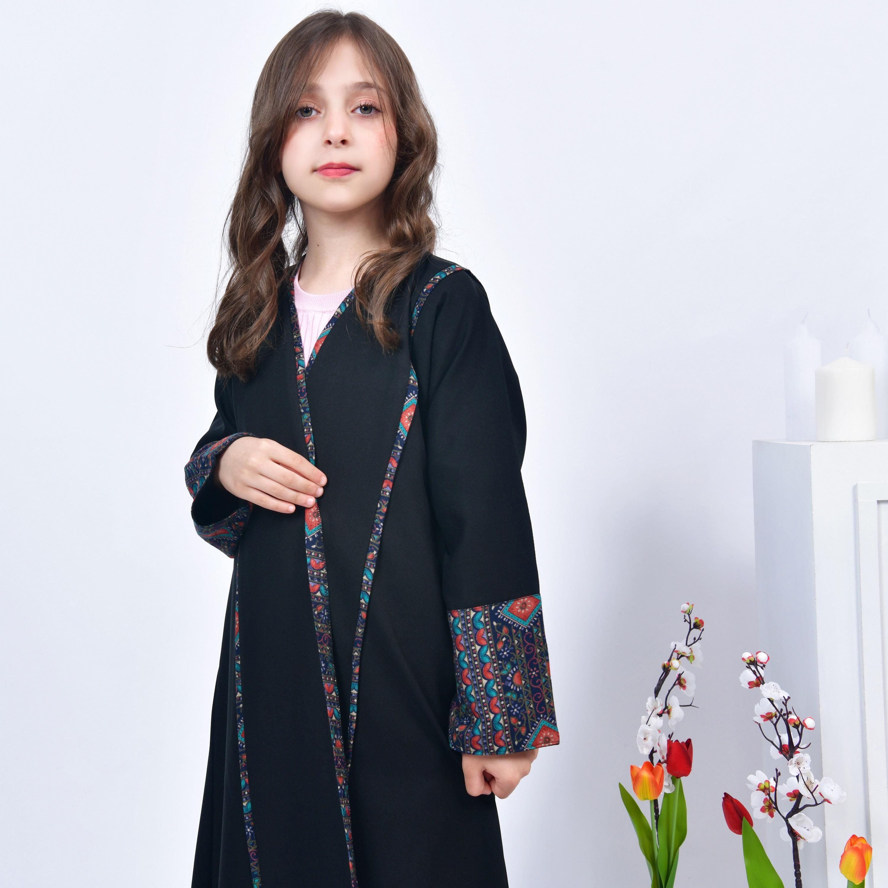 Hawraa Black Open-Front Neck Crepe Girls Abaya with Hijab-girls-arabicclothing-abayas-image-6