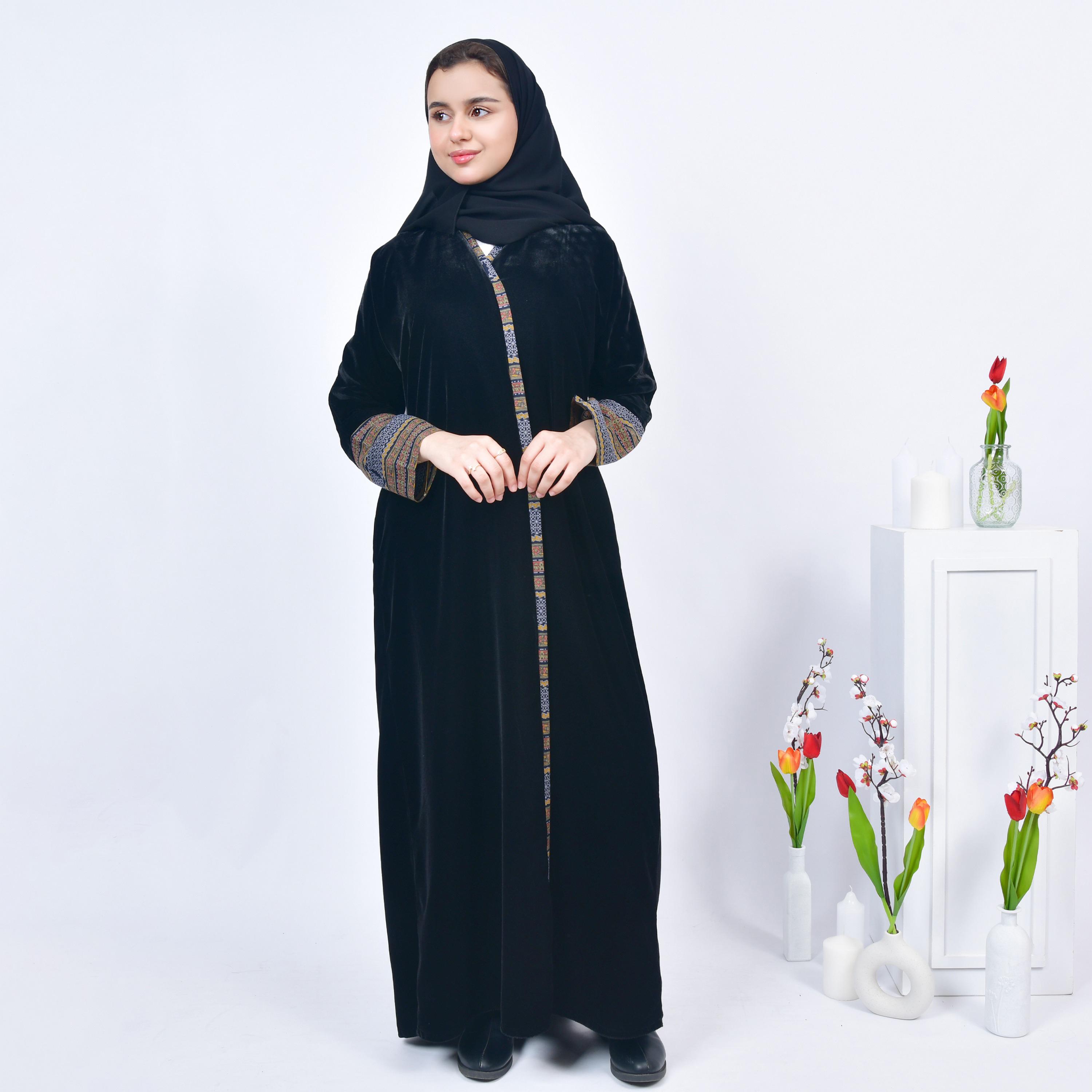 Hawraa Black Open-Front Neck Cashmere Overlay Sleeves Velvet Girls Abaya with Hijab-girls-arabicclothing-abayas-image-1