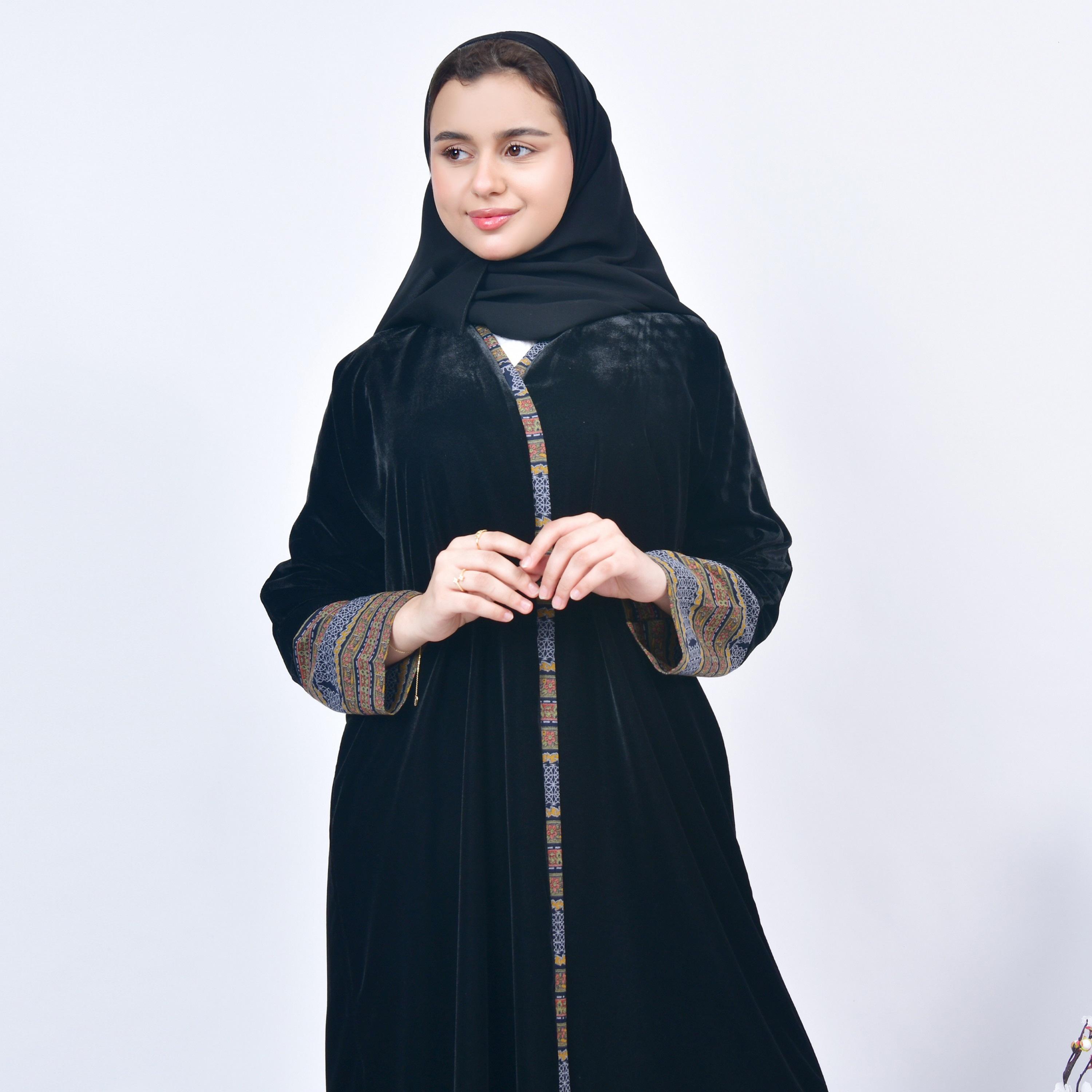 Hawraa Black Open-Front Neck Cashmere Overlay Sleeves Velvet Girls Abaya with Hijab-girls-arabicclothing-abayas-image-2