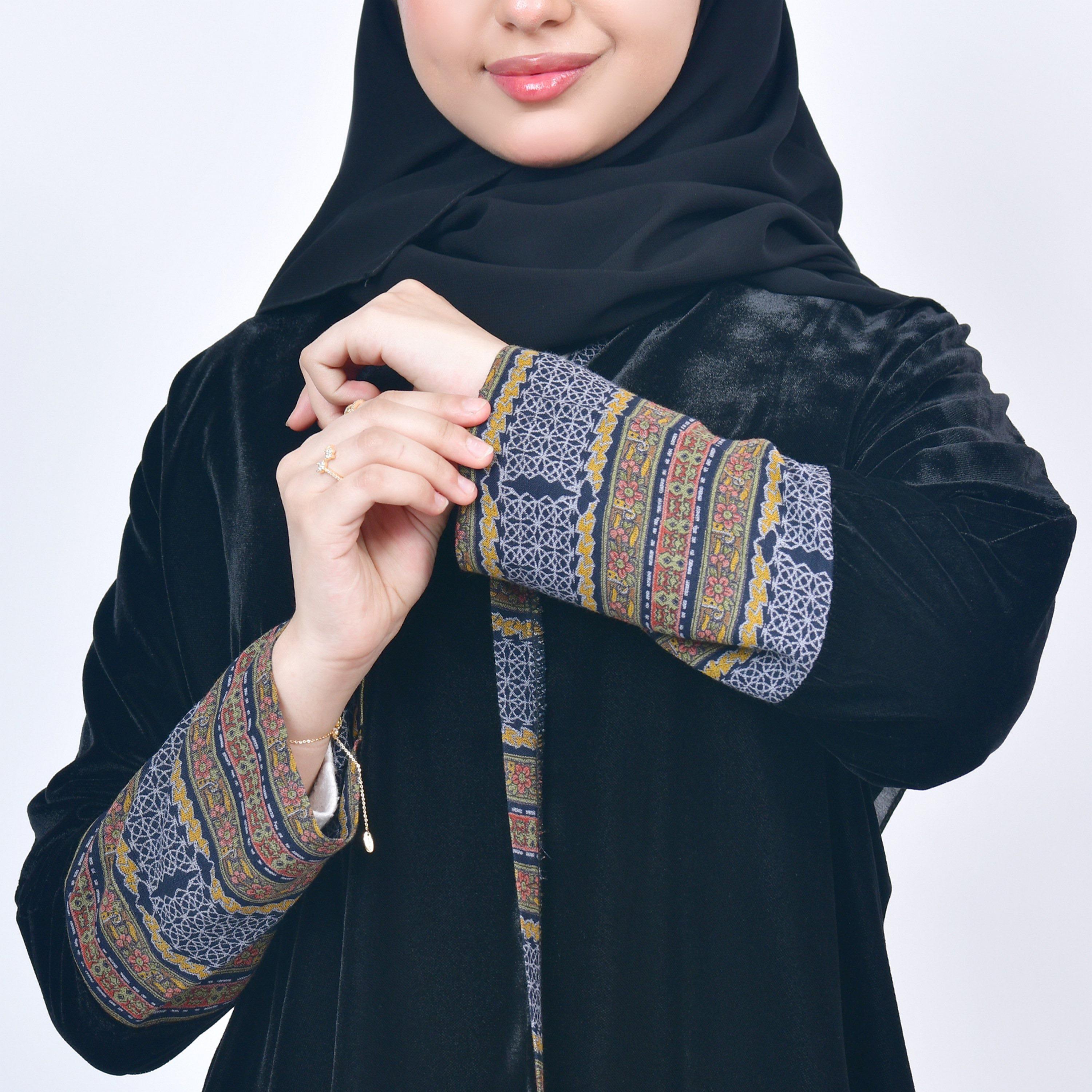 Hawraa Black Open-Front Neck Cashmere Overlay Sleeves Velvet Girls Abaya with Hijab-girls-arabicclothing-abayas-image-3