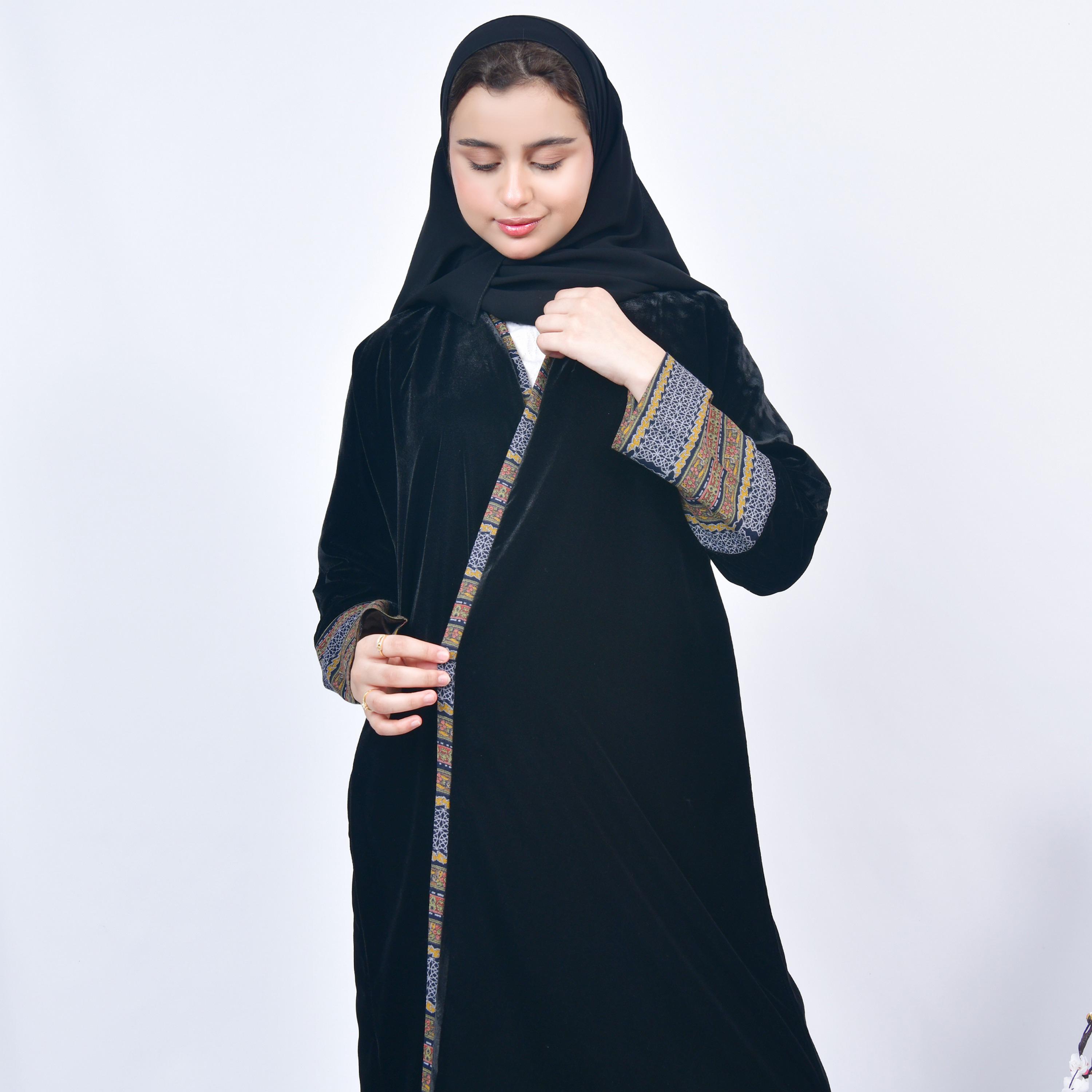 Hawraa Black Open-Front Neck Cashmere Overlay Sleeves Velvet Girls Abaya with Hijab-girls-arabicclothing-abayas-image-4