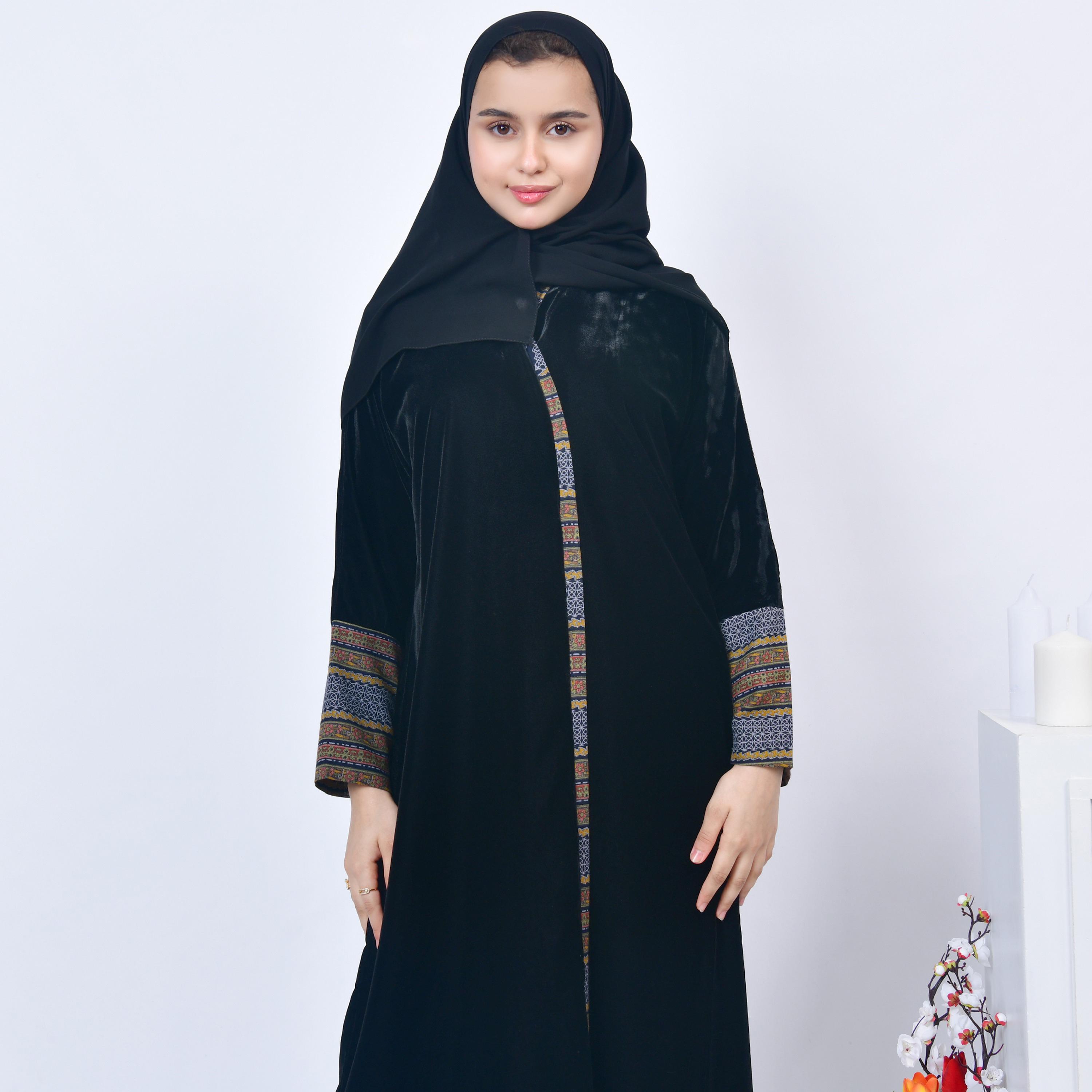 Hawraa Black Open-Front Neck Cashmere Overlay Sleeves Velvet Girls Abaya with Hijab-girls-arabicclothing-abayas-image-5
