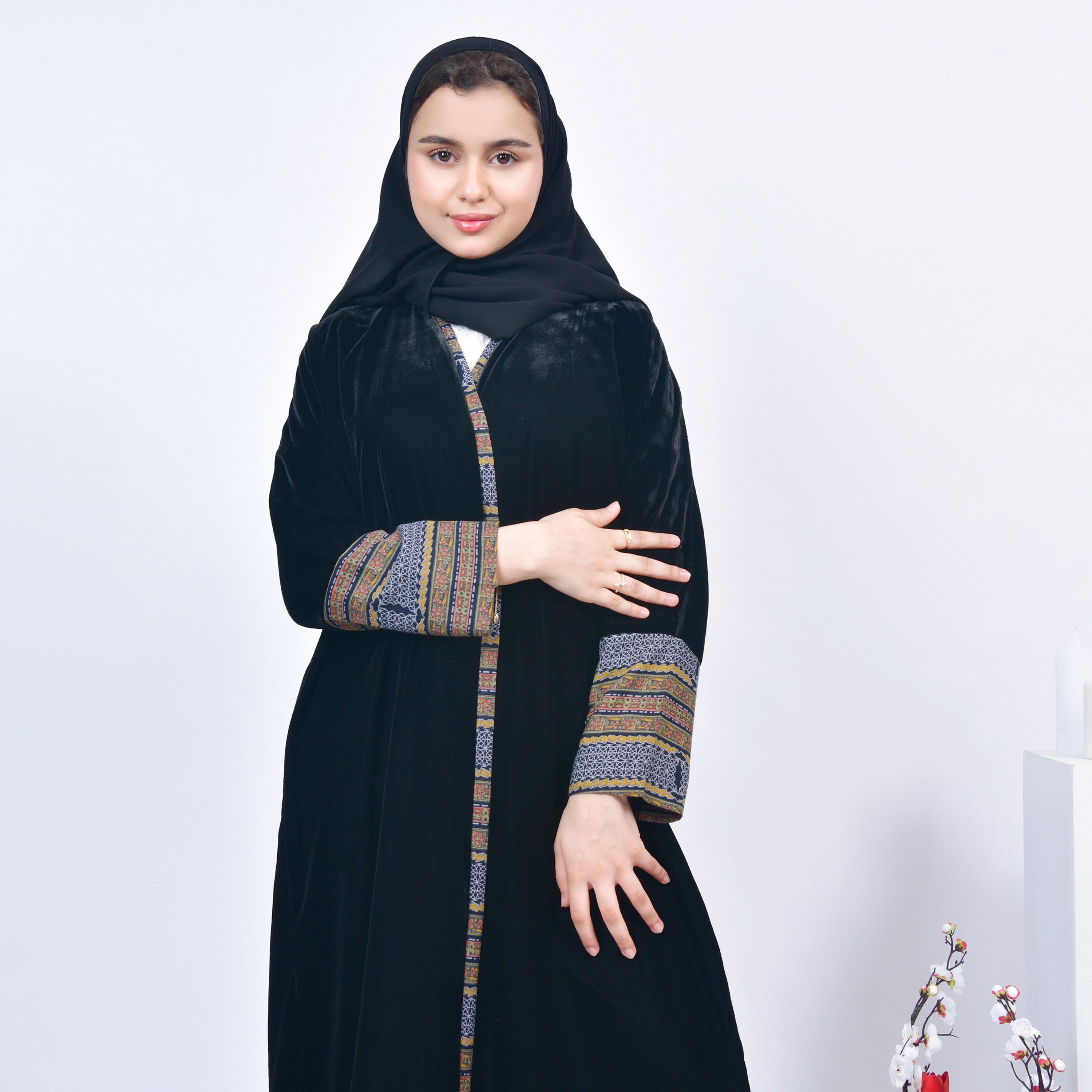 Hawraa Black Open-Front Neck Cashmere Overlay Sleeves Velvet Girls Abaya with Hijab-girls-arabicclothing-abayas-image-6