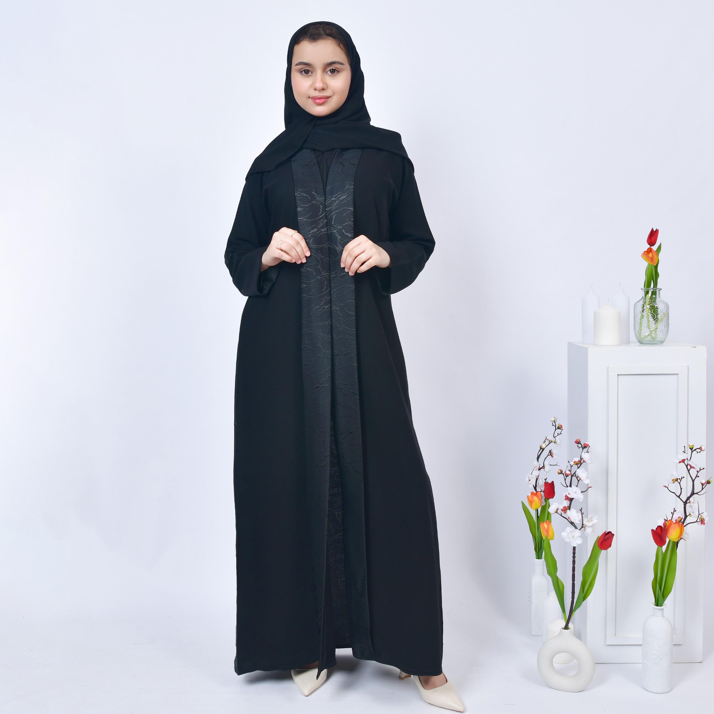 Hawraa Black Open-Front Neck Jacquard Girls Abaya with Hijab-girls-arabicclothing-abayas-image-1