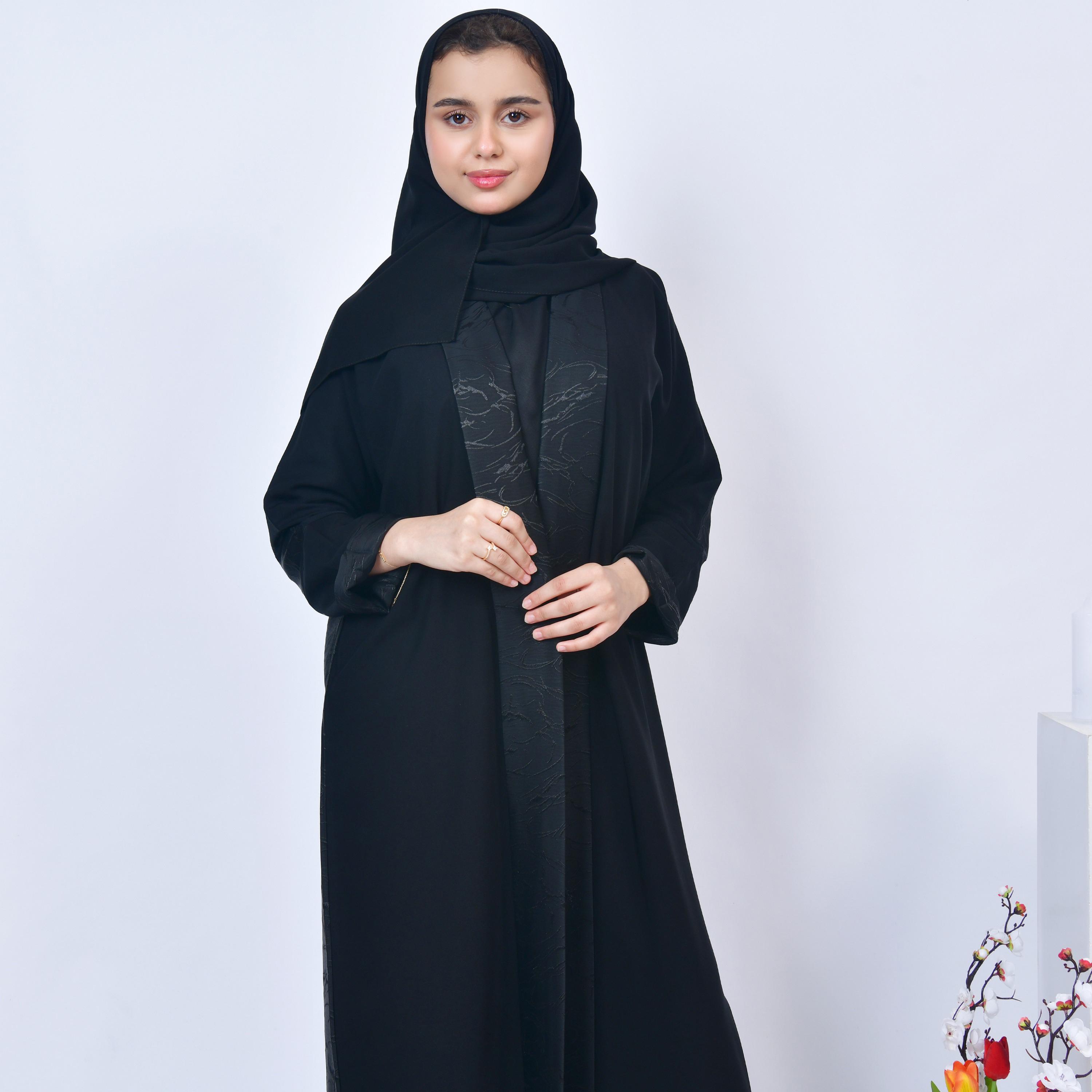 Hawraa Black Open-Front Neck Jacquard Girls Abaya with Hijab-girls-arabicclothing-abayas-image-2