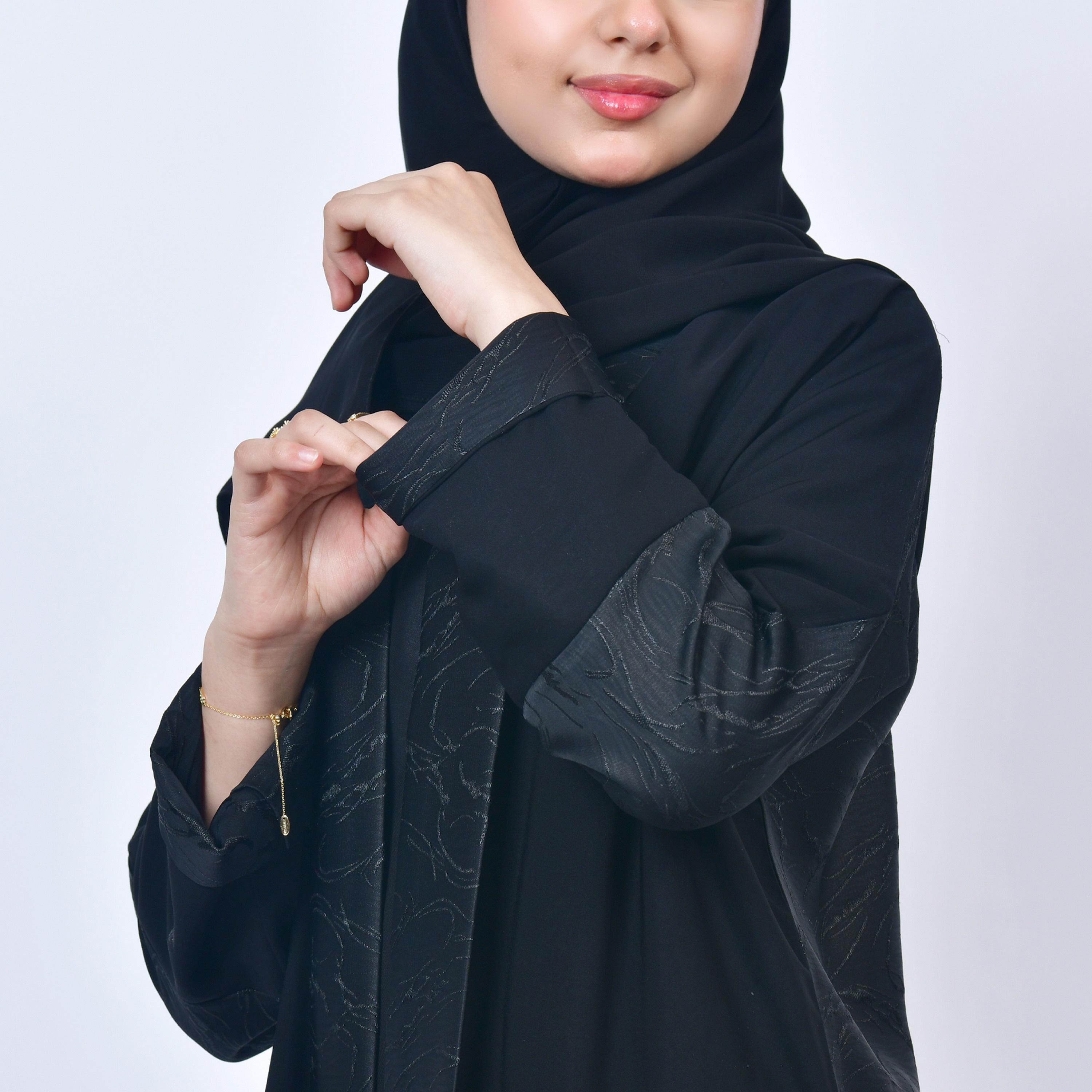 Hawraa Black Open-Front Neck Jacquard Girls Abaya with Hijab-girls-arabicclothing-abayas-image-3