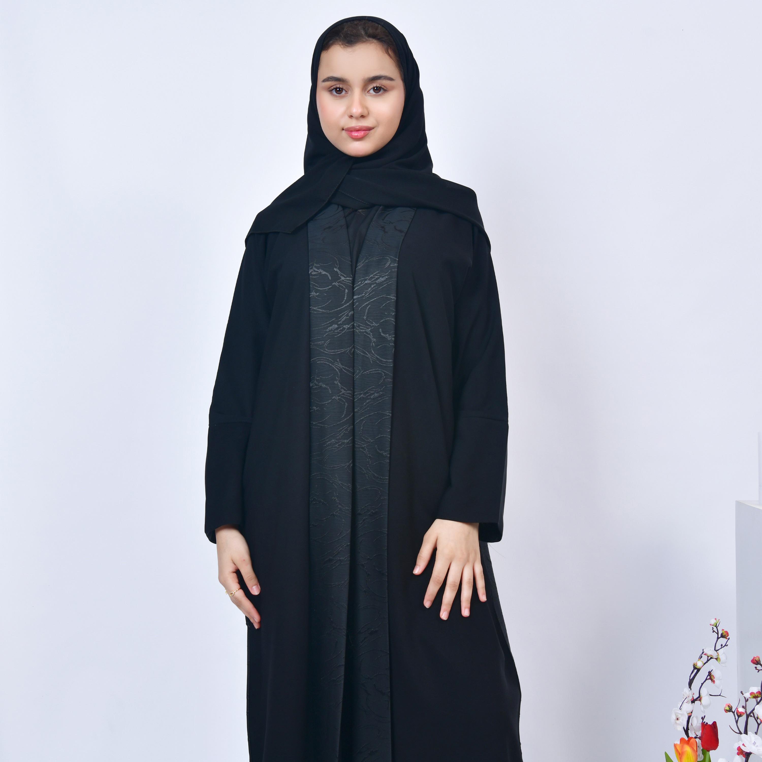 Hawraa Black Open-Front Neck Jacquard Girls Abaya with Hijab-girls-arabicclothing-abayas-image-4