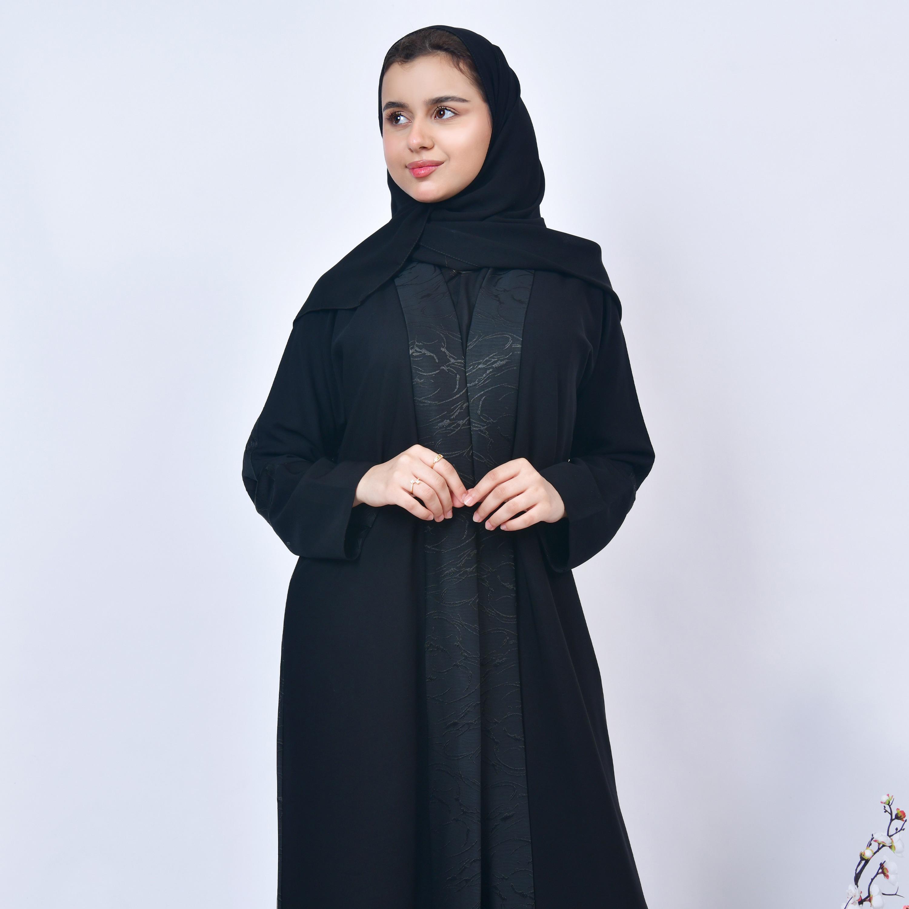 Hawraa Black Open-Front Neck Jacquard Girls Abaya with Hijab-girls-arabicclothing-abayas-image-5