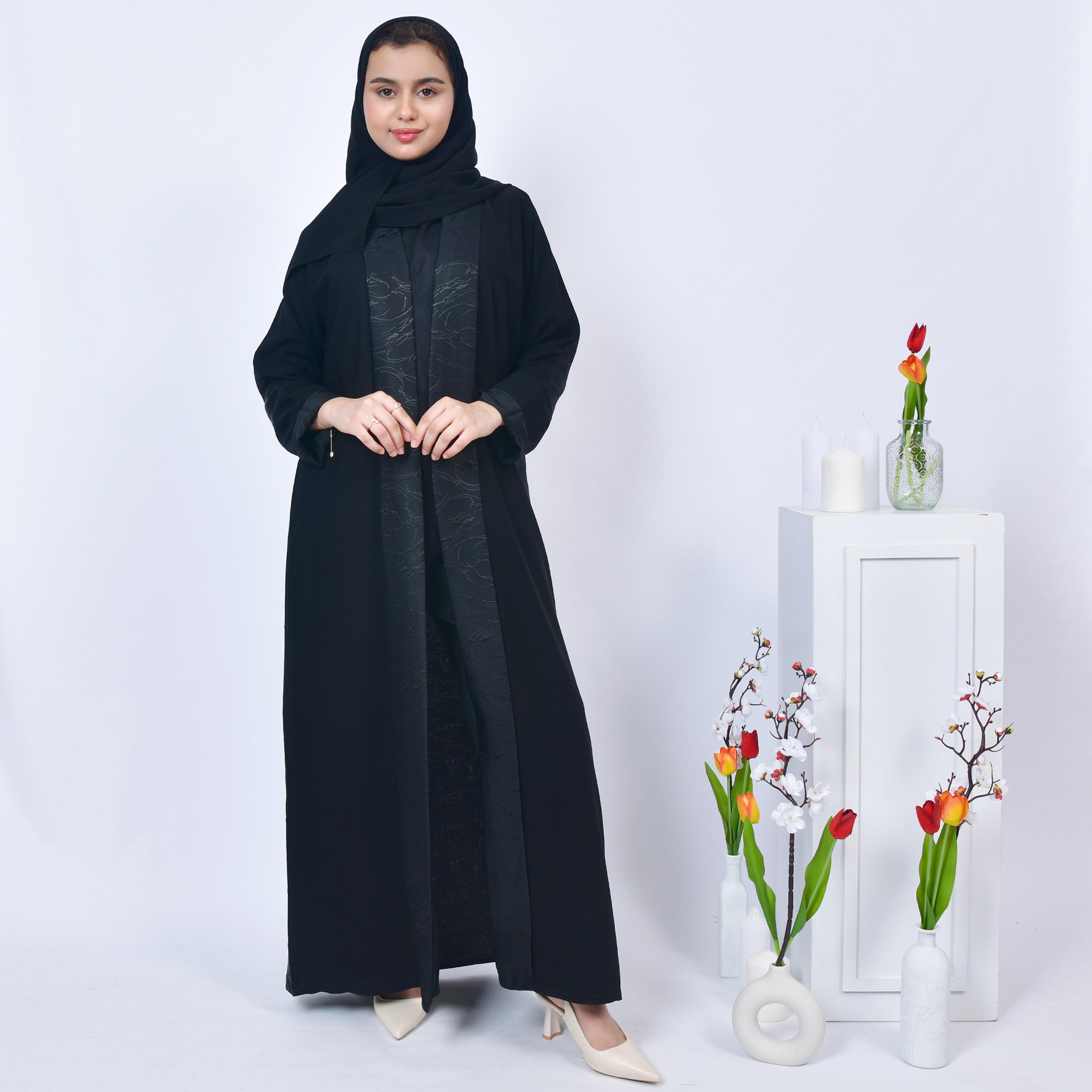 Hawraa Black Open-Front Neck Jacquard Girls Abaya with Hijab-girls-arabicclothing-abayas-image-6
