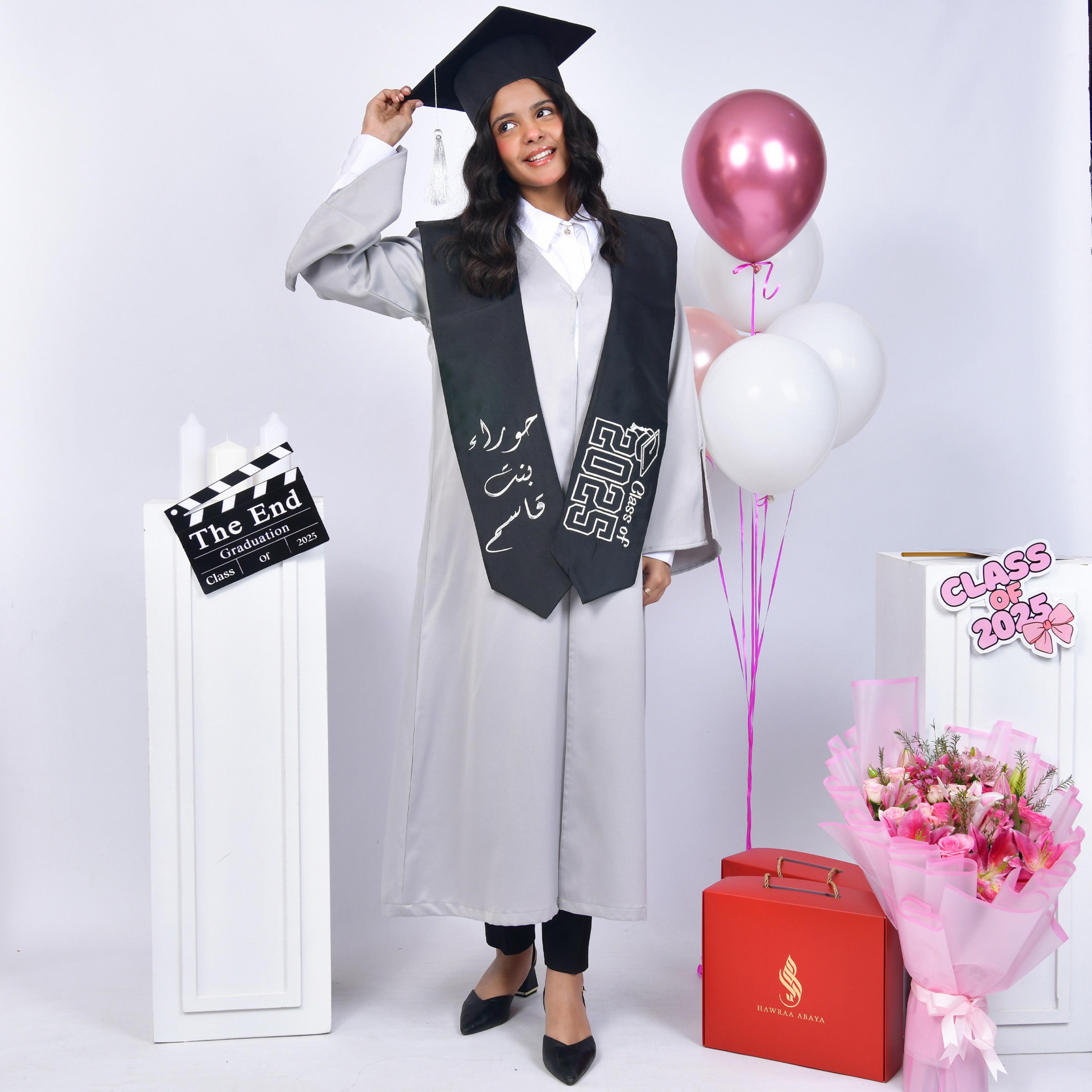 Hawraa Grey Open-Front Slit Detail Flared Sleeves Crepe Girls Graduation Abaya and Scarf with Cap-girls-arabicclothing-abayas-image-1