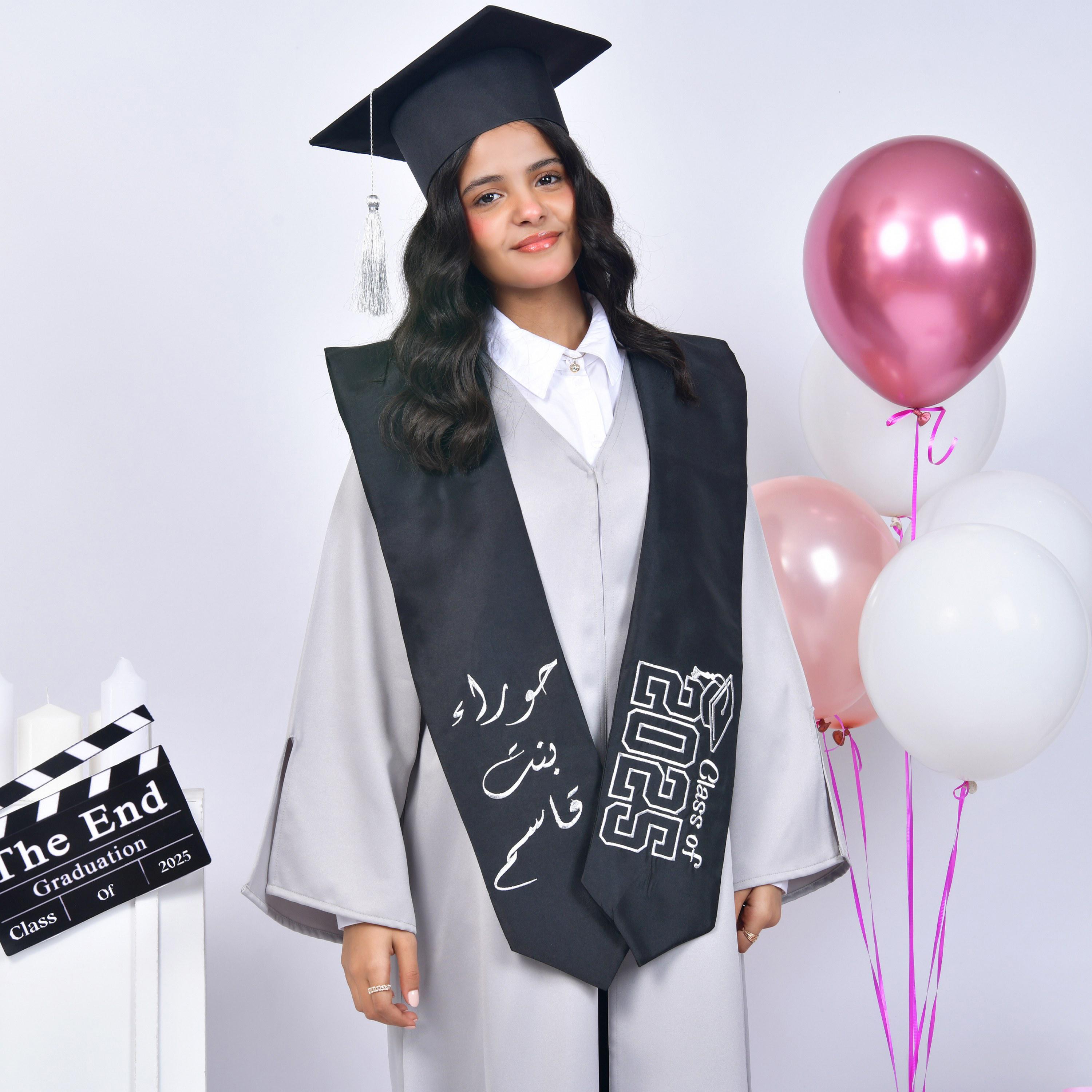 Hawraa Grey Open-Front Slit Detail Flared Sleeves Crepe Girls Graduation Abaya and Scarf with Cap-girls-arabicclothing-abayas-image-2