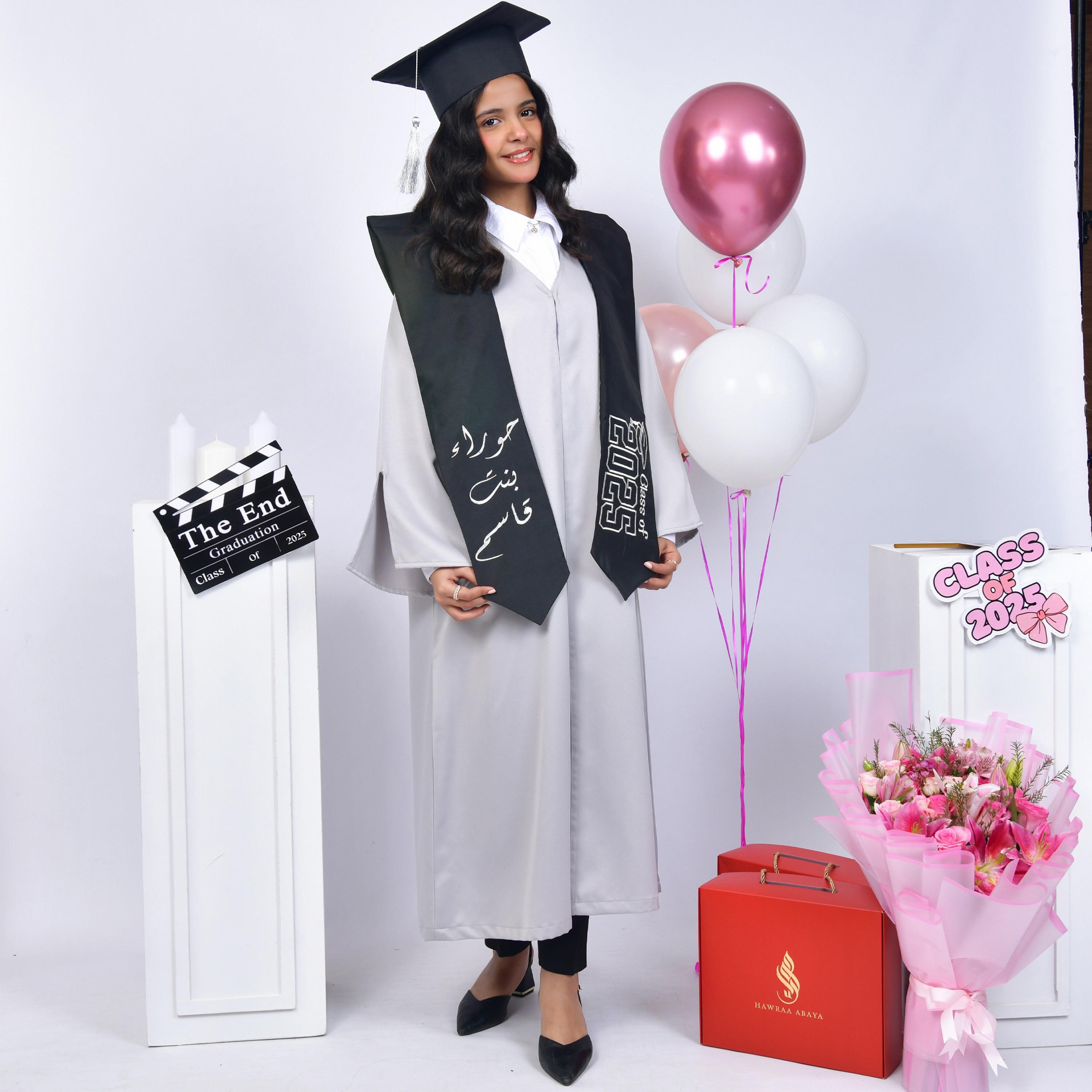 Hawraa Grey Open-Front Slit Detail Flared Sleeves Crepe Girls Graduation Abaya and Scarf with Cap-girls-arabicclothing-abayas-image-4