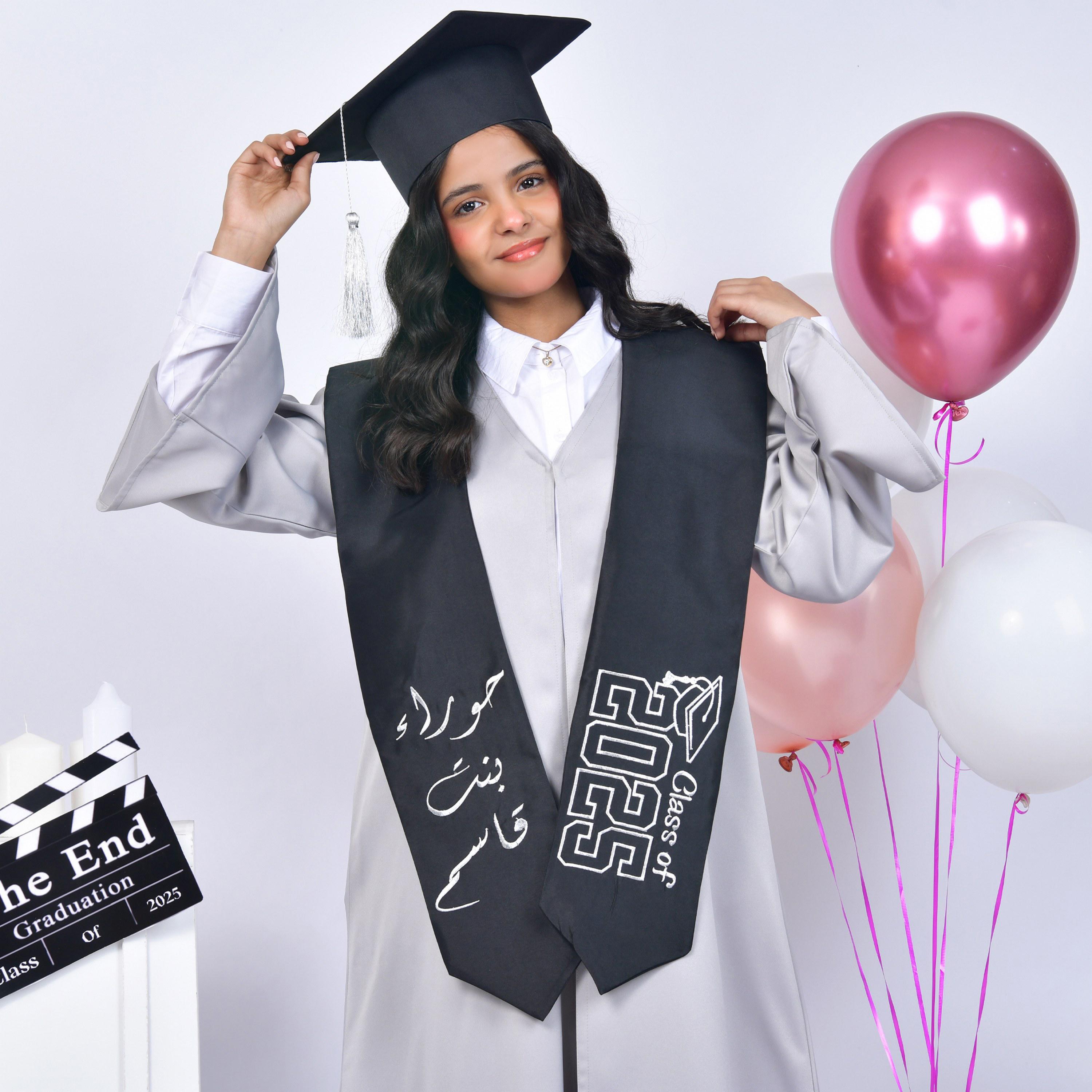 Hawraa Grey Open-Front Slit Detail Flared Sleeves Crepe Girls Graduation Abaya and Scarf with Cap-girls-arabicclothing-abayas-image-5