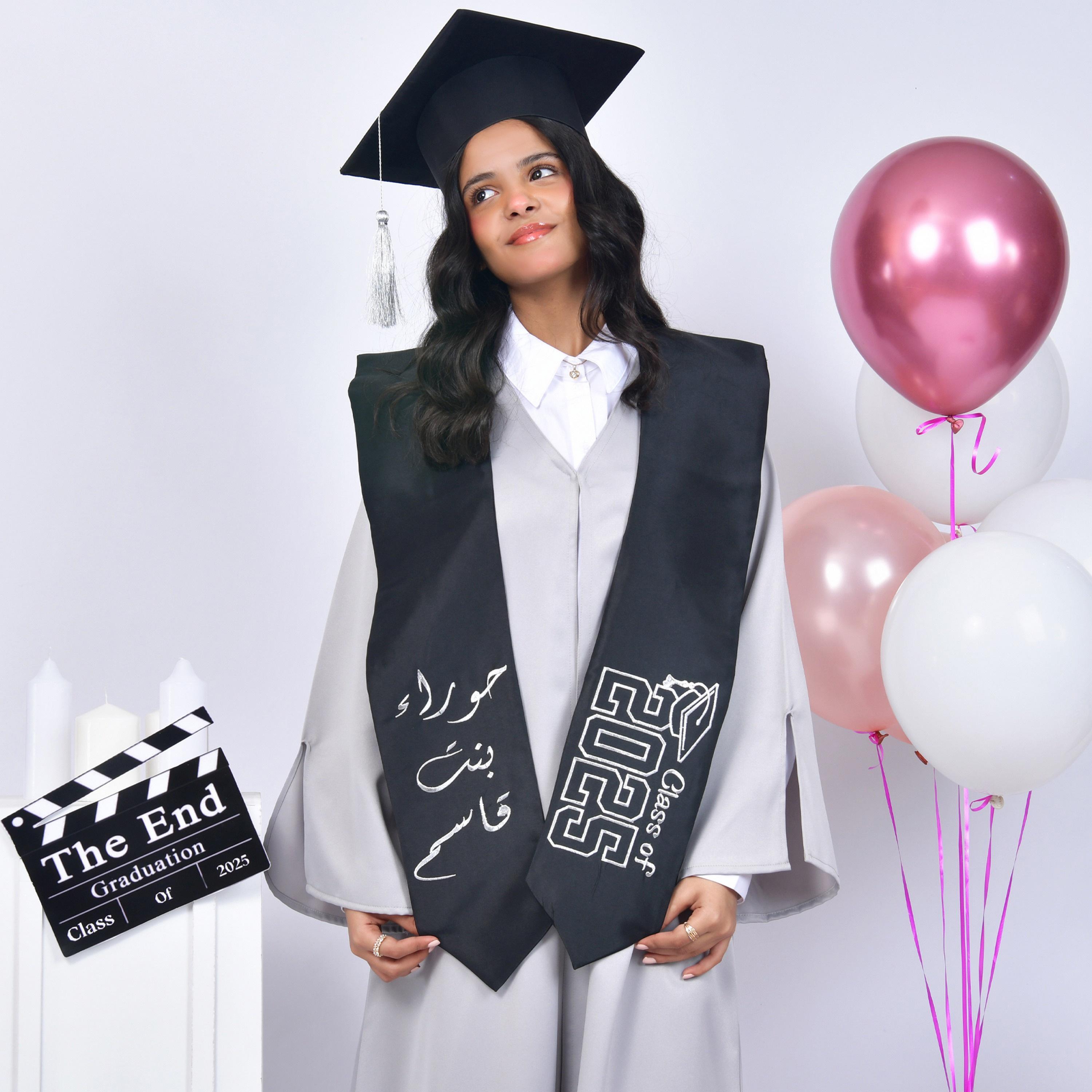 Hawraa Grey Open-Front Slit Detail Flared Sleeves Crepe Girls Graduation Abaya and Scarf with Cap-girls-arabicclothing-abayas-image-6