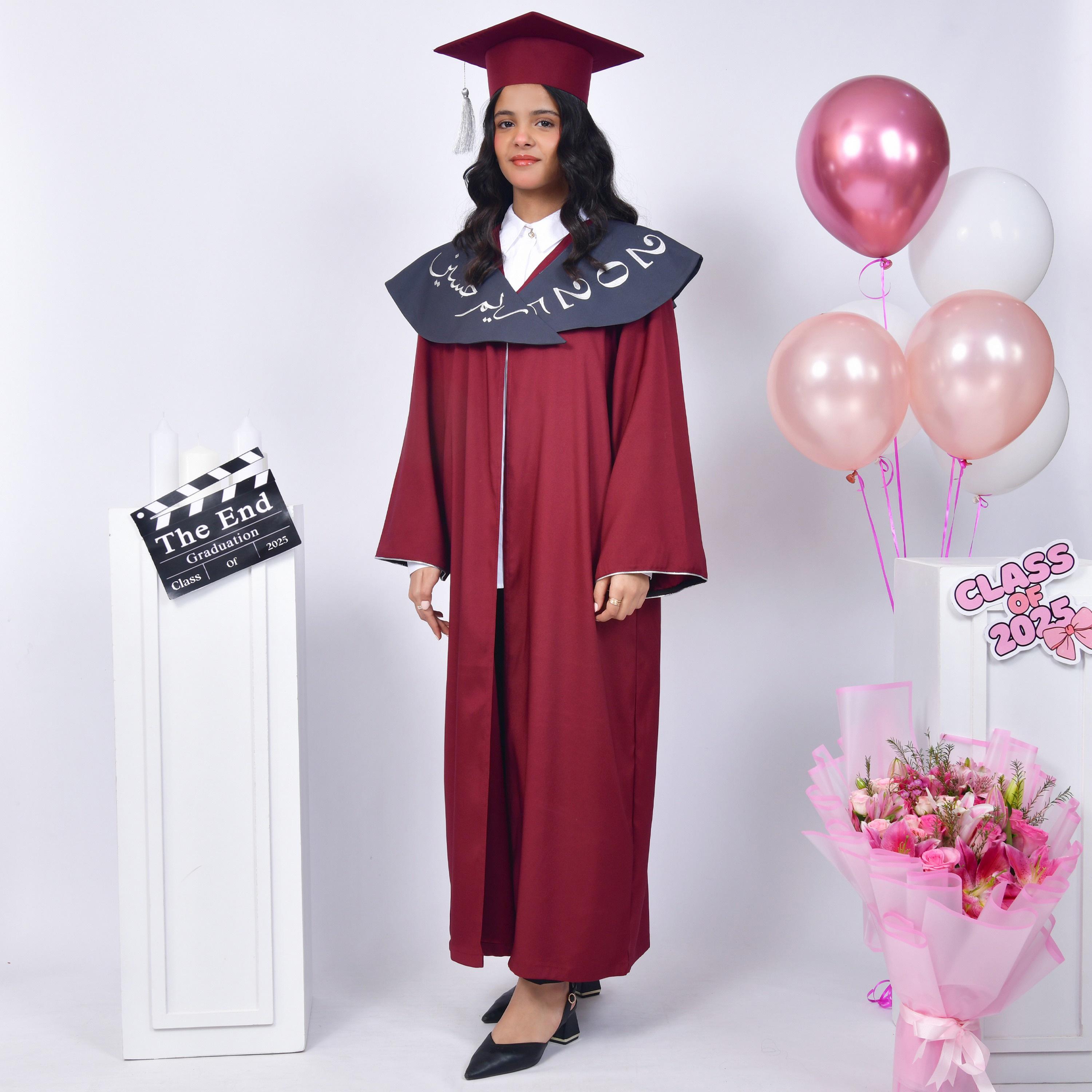 Hawraa Burgundy Open-Front Neck Flared Sleeves Crepe Girls Graduation Abaya and Scarf with Cap-girls-arabicclothing-abayas-image-1
