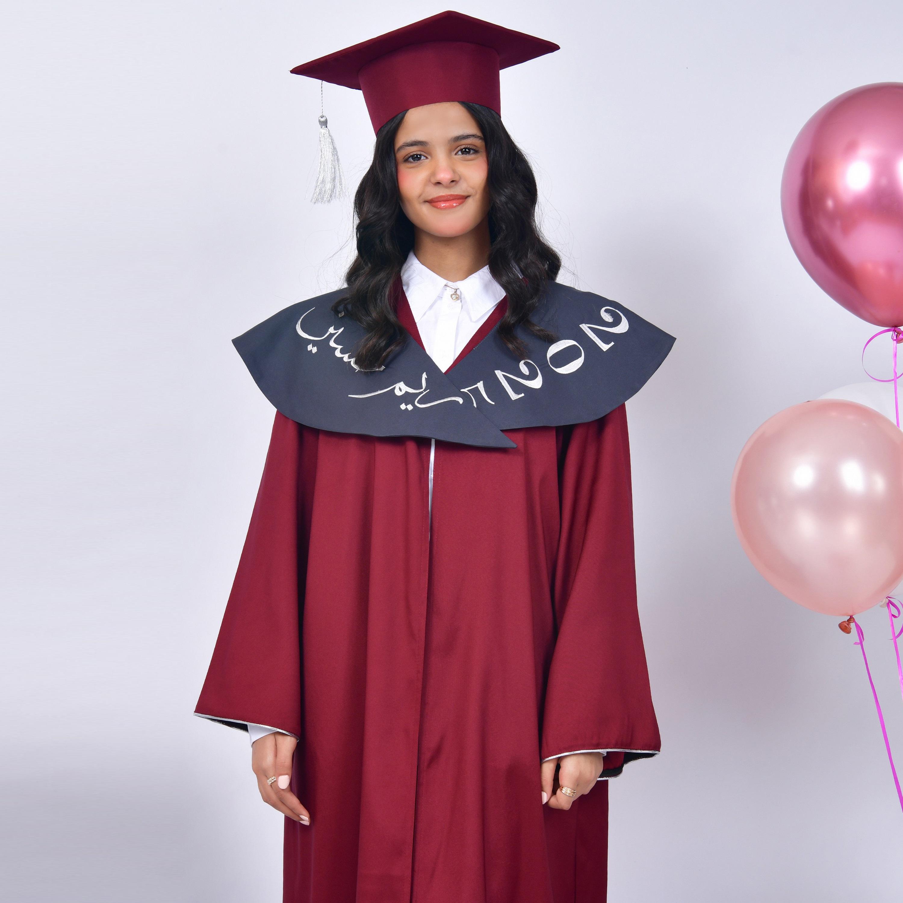 Hawraa Burgundy Open-Front Neck Flared Sleeves Crepe Girls Graduation Abaya and Scarf with Cap-girls-arabicclothing-abayas-image-2