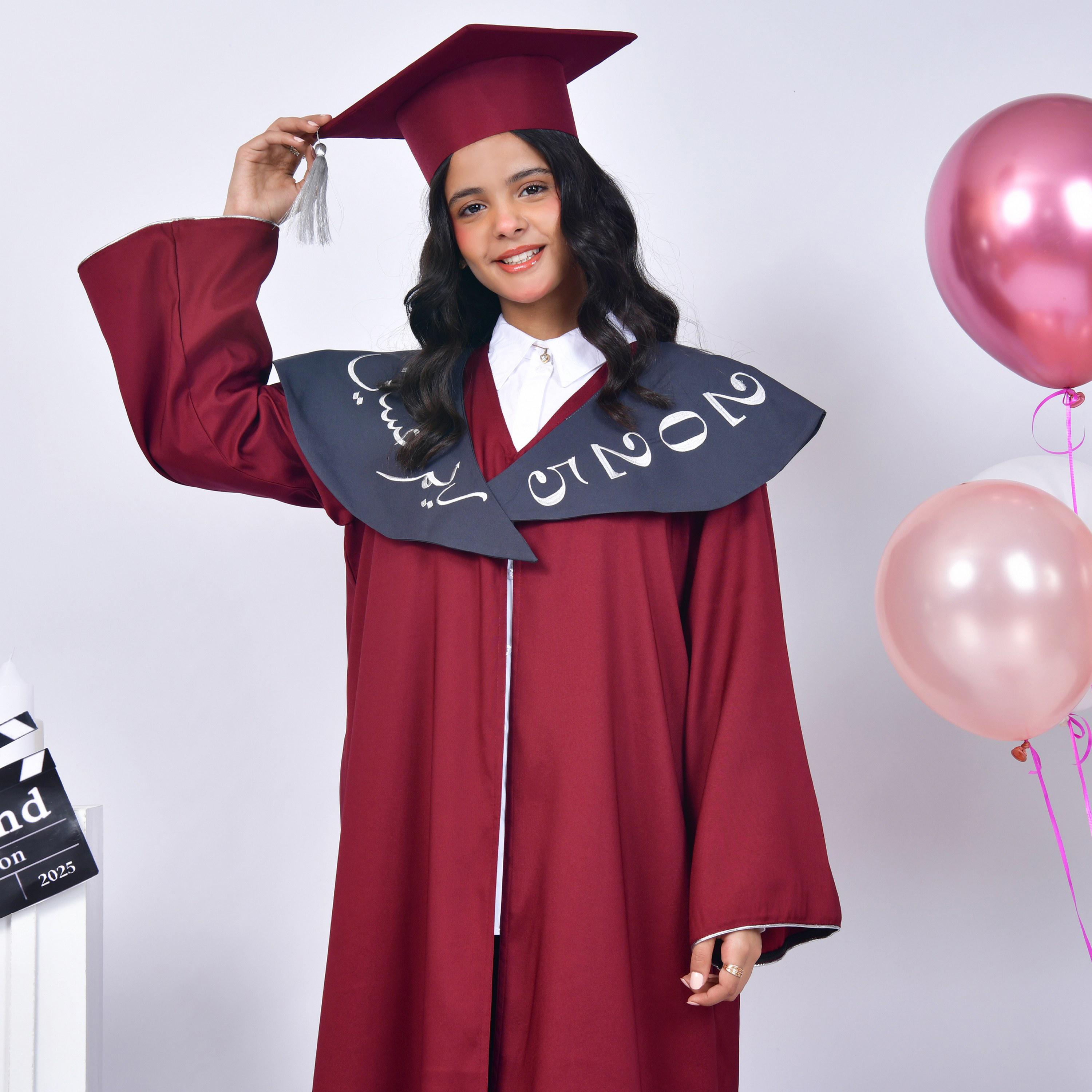 Hawraa Burgundy Open-Front Neck Flared Sleeves Crepe Girls Graduation Abaya and Scarf with Cap-girls-arabicclothing-abayas-image-4