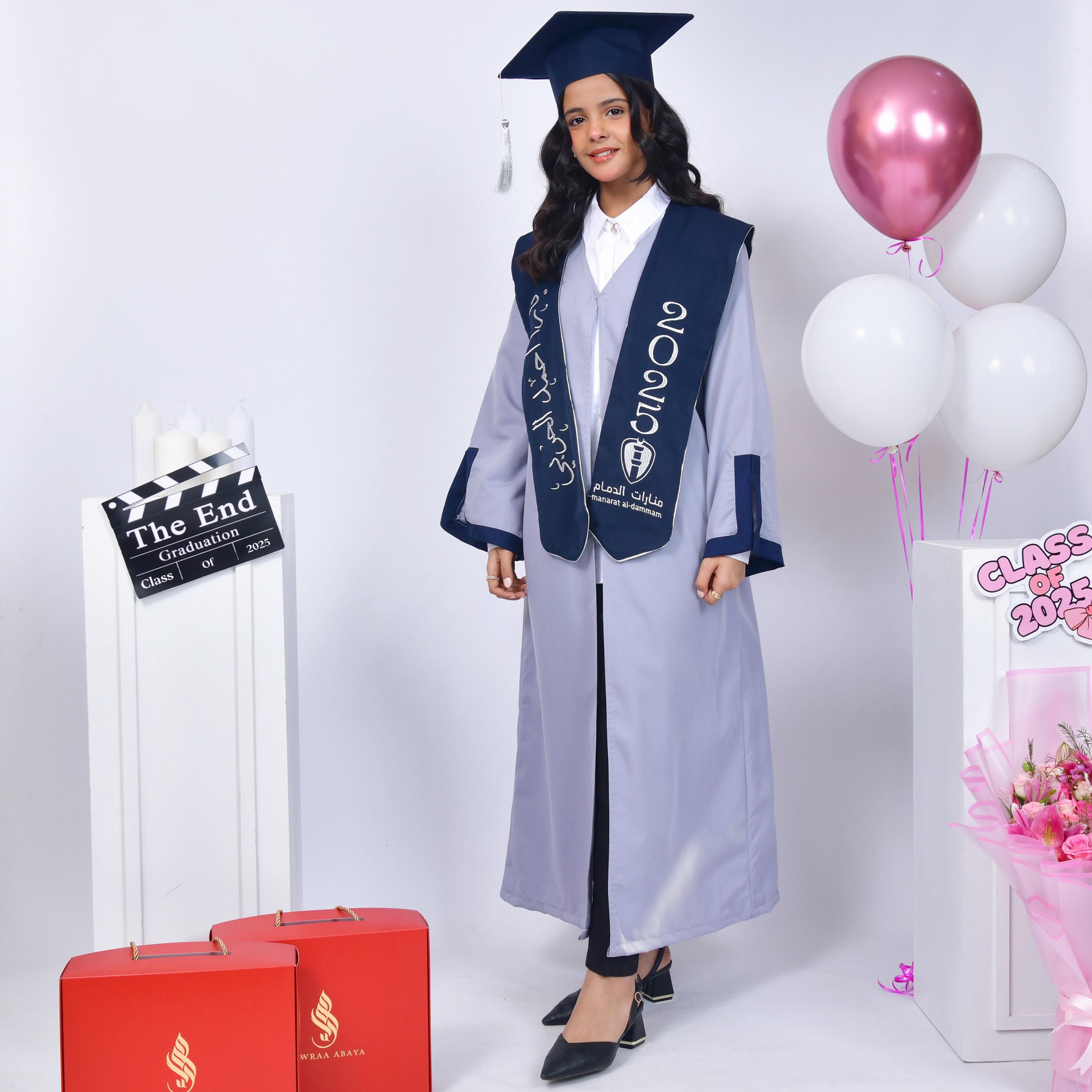 Hawraa Blue Open-Front Slit Detail Flared Sleeves Crepe Girls Graduation Abaya and Scarf with Cap-girls-arabicclothing-abayas-image-1