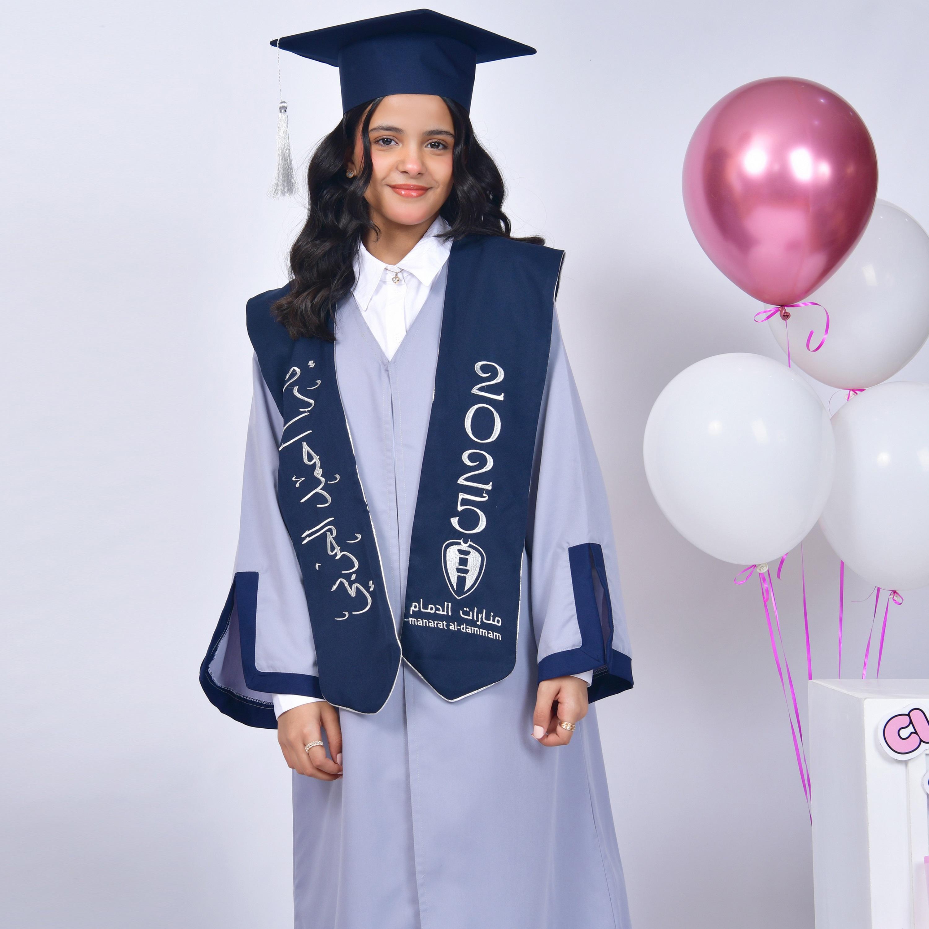Hawraa Blue Open-Front Slit Detail Flared Sleeves Crepe Girls Graduation Abaya and Scarf with Cap-girls-arabicclothing-abayas-image-2