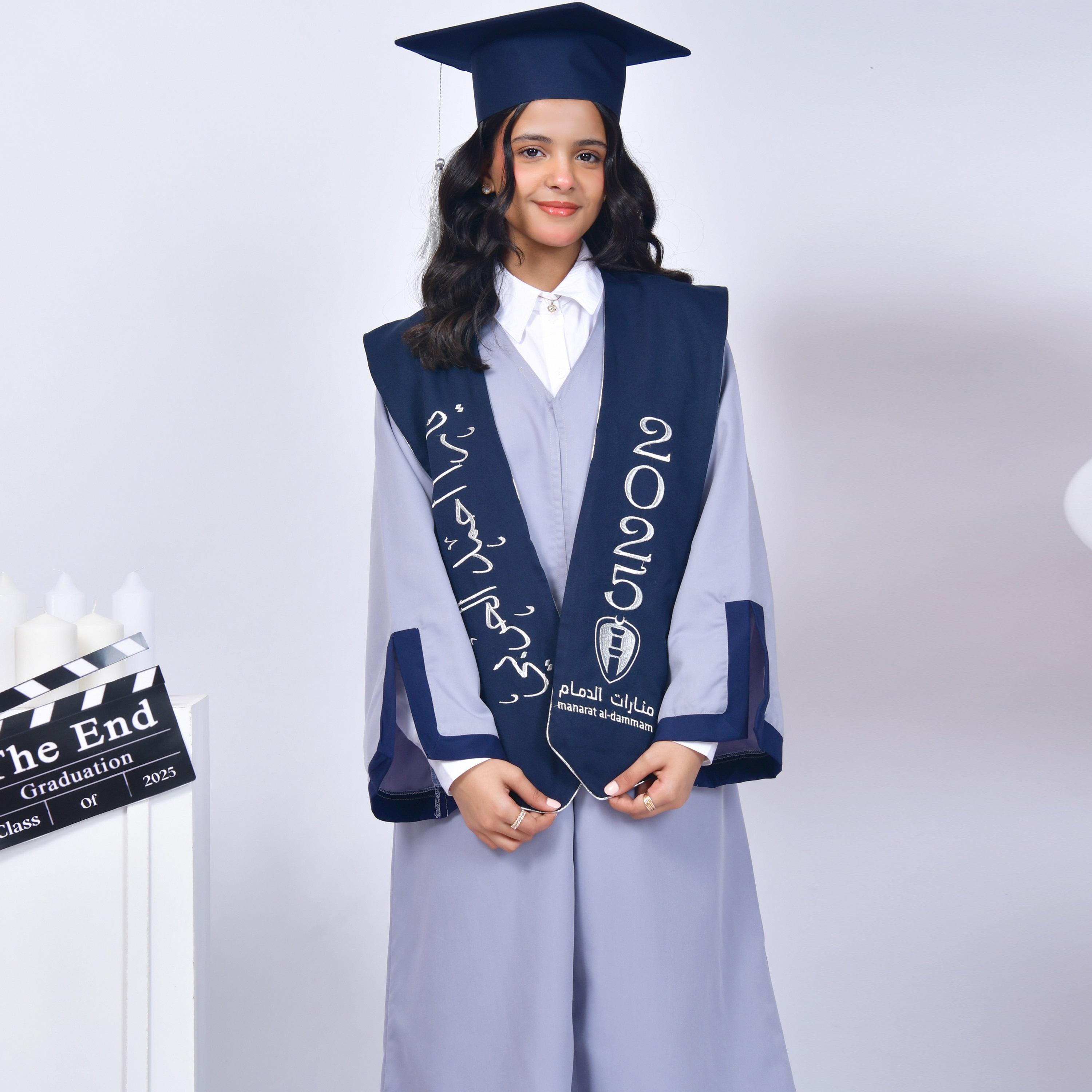 Hawraa Blue Open-Front Slit Detail Flared Sleeves Crepe Girls Graduation Abaya and Scarf with Cap-girls-arabicclothing-abayas-image-4