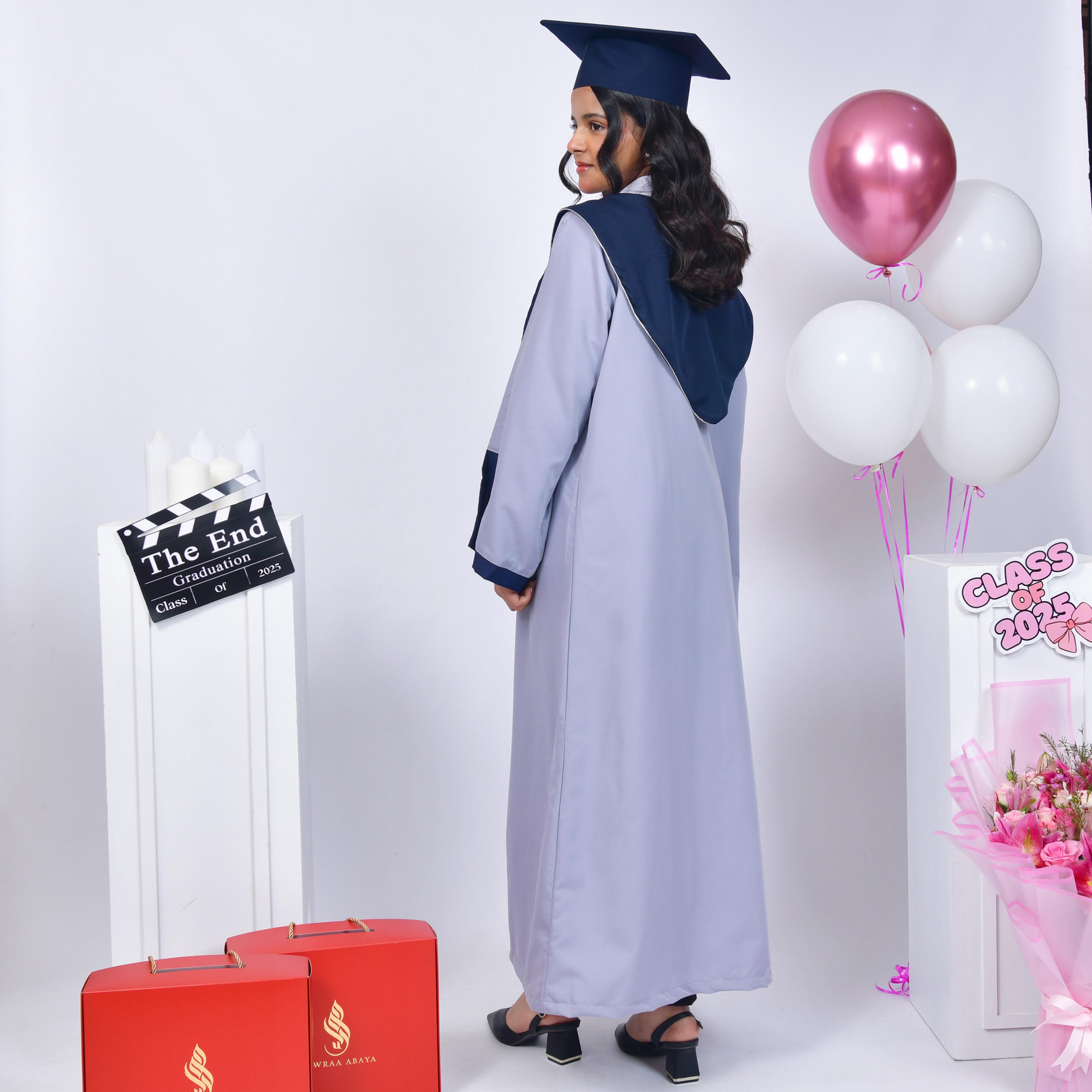 Hawraa Blue Open-Front Slit Detail Flared Sleeves Crepe Girls Graduation Abaya and Scarf with Cap-girls-arabicclothing-abayas-image-6