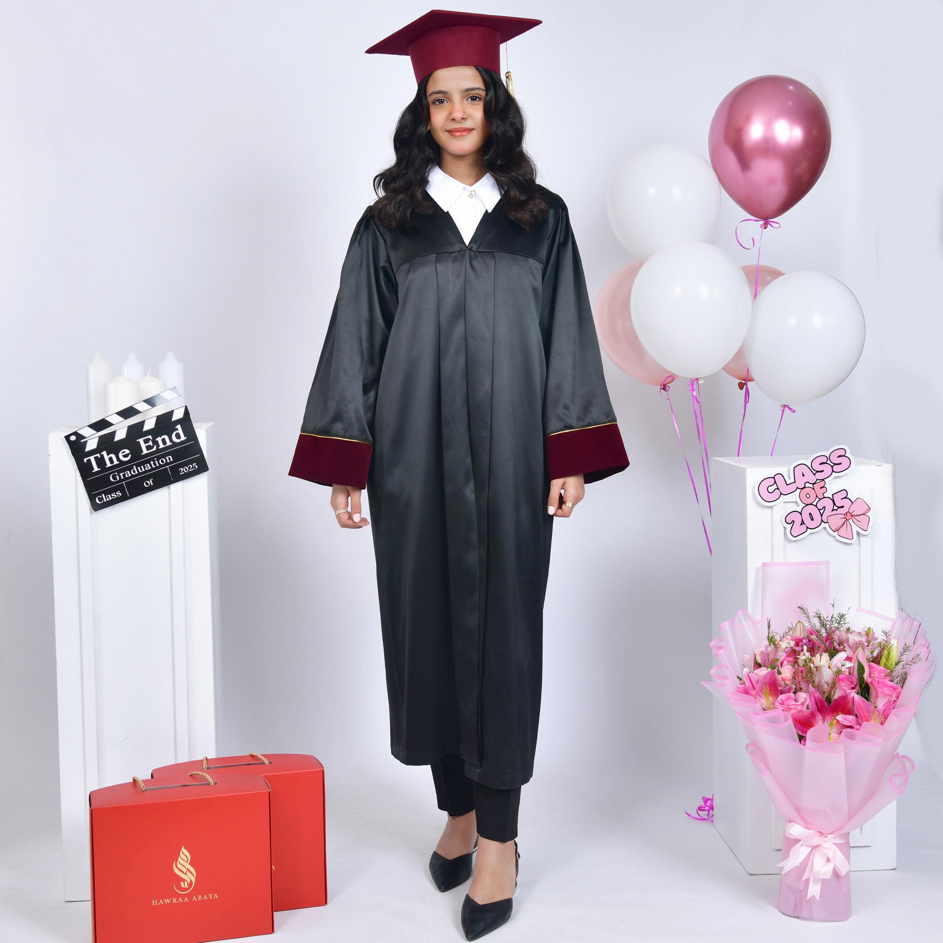 Hawraa Grey Open-Front Flared Sleeves Burgundy Overlay Detail Turm Girls Graduation Abaya with Cap-girls-arabicclothing-abayas-image-1