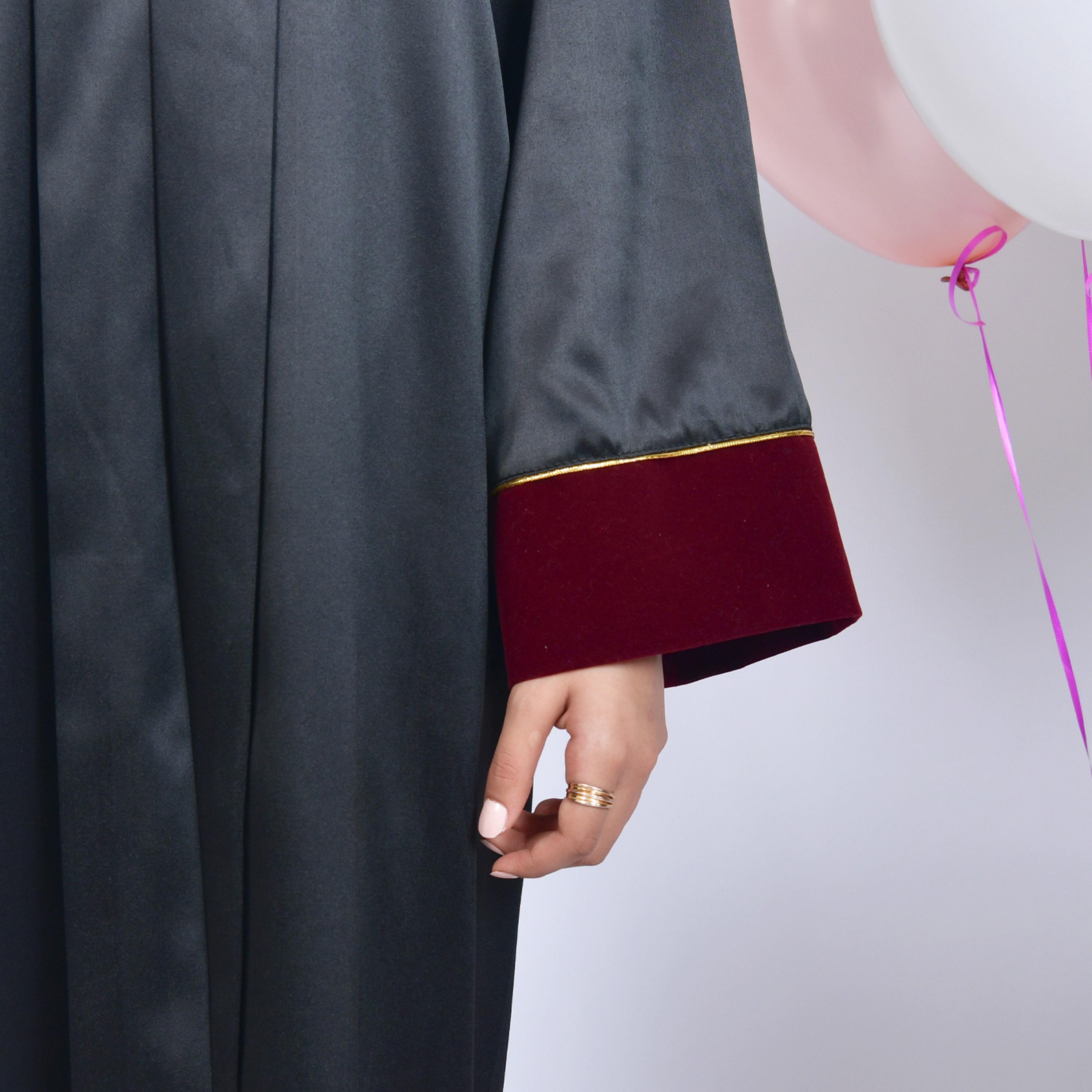 Hawraa Grey Open-Front Flared Sleeves Burgundy Overlay Detail Turm Girls Graduation Abaya with Cap-girls-arabicclothing-abayas-image-3