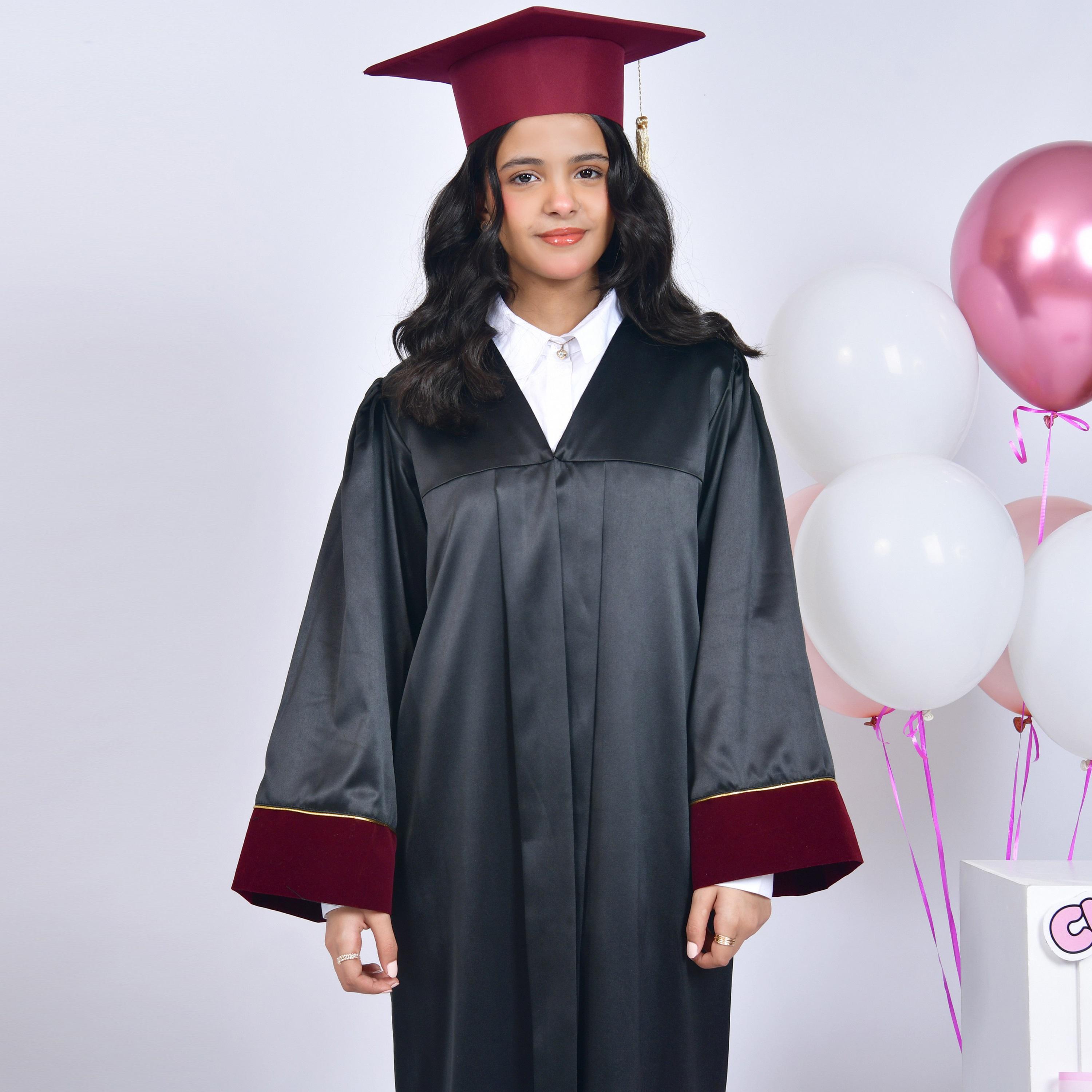 Hawraa Grey Open-Front Flared Sleeves Burgundy Overlay Detail Turm Girls Graduation Abaya with Cap-girls-arabicclothing-abayas-image-4