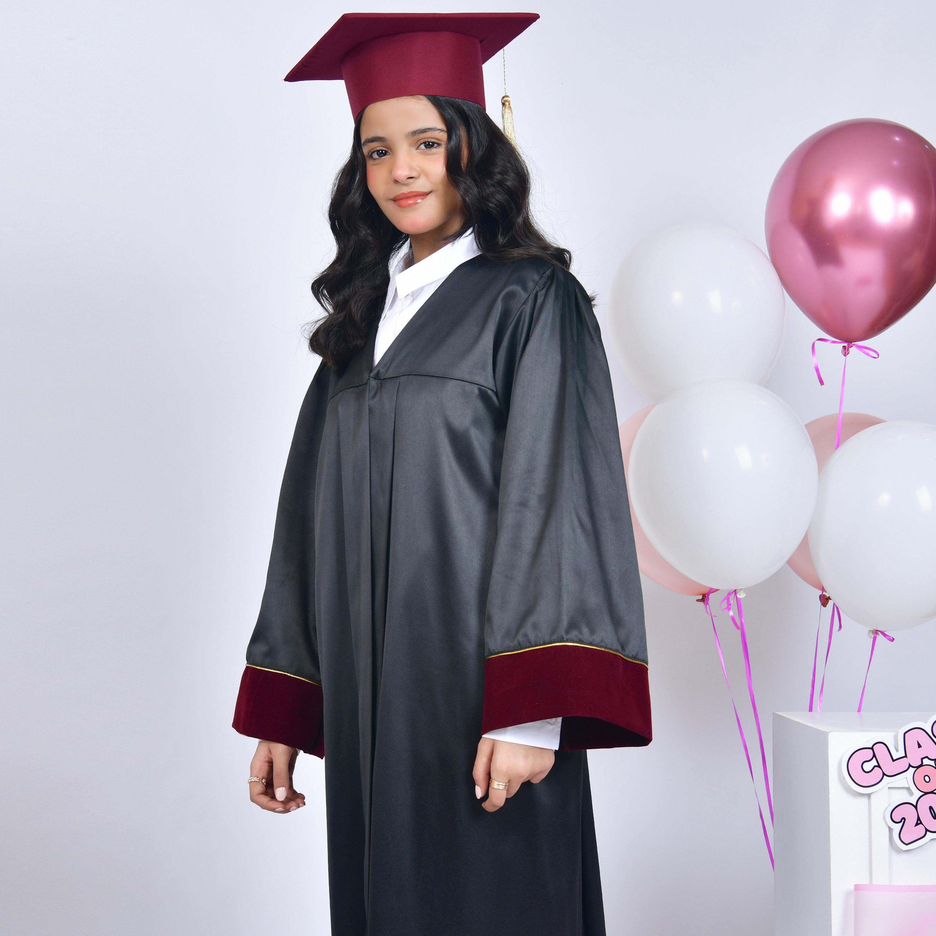 Hawraa Grey Open-Front Flared Sleeves Burgundy Overlay Detail Turm Girls Graduation Abaya with Cap-girls-arabicclothing-abayas-image-5