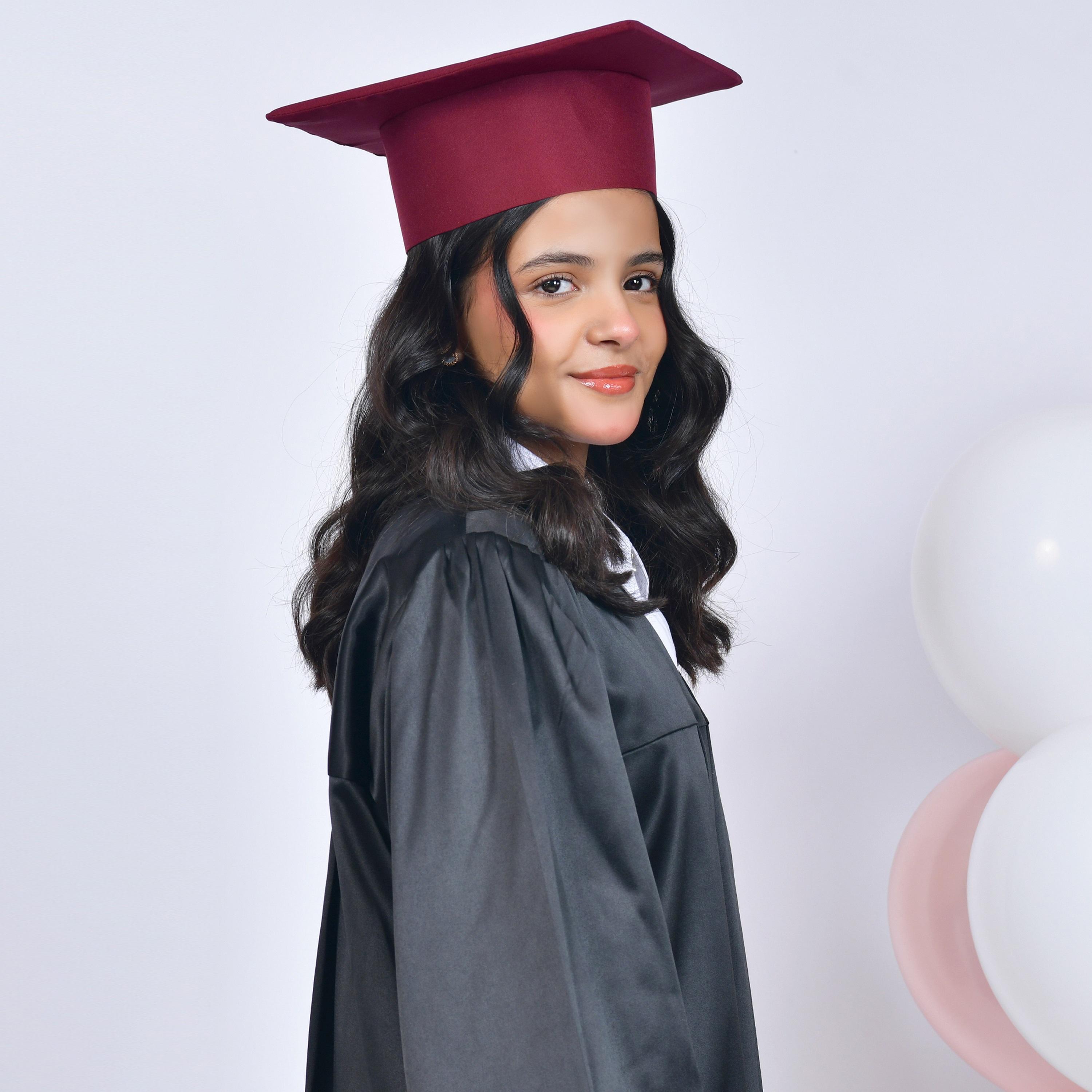 Hawraa Grey Open-Front Flared Sleeves Burgundy Overlay Detail Turm Girls Graduation Abaya with Cap-girls-arabicclothing-abayas-image-6