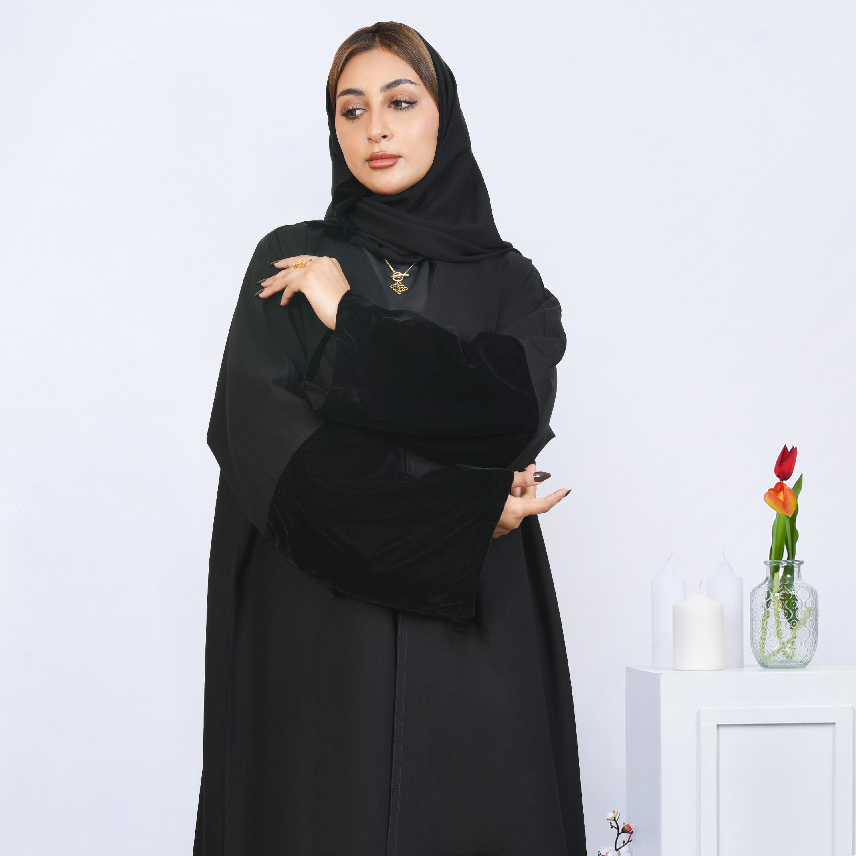 Hawraa Black Open-Front Neck Velvet Edge Flared Sleeves Crepe Women's Abaya with Hijab-women-arabicclothing-abayas-image-3