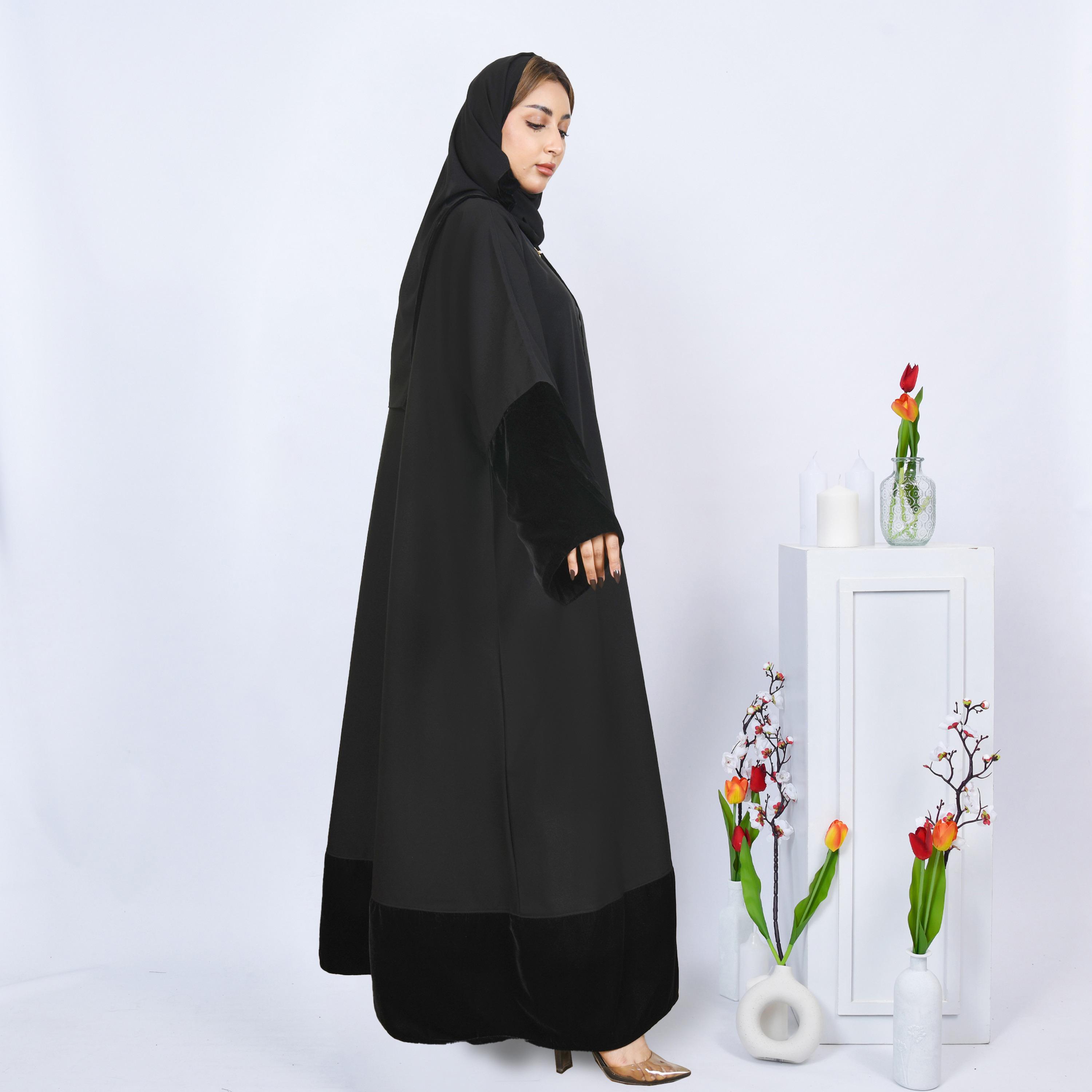 Hawraa Black Open-Front Neck Velvet Edge Flared Sleeves Crepe Women's Abaya with Hijab-women-arabicclothing-abayas-image-4
