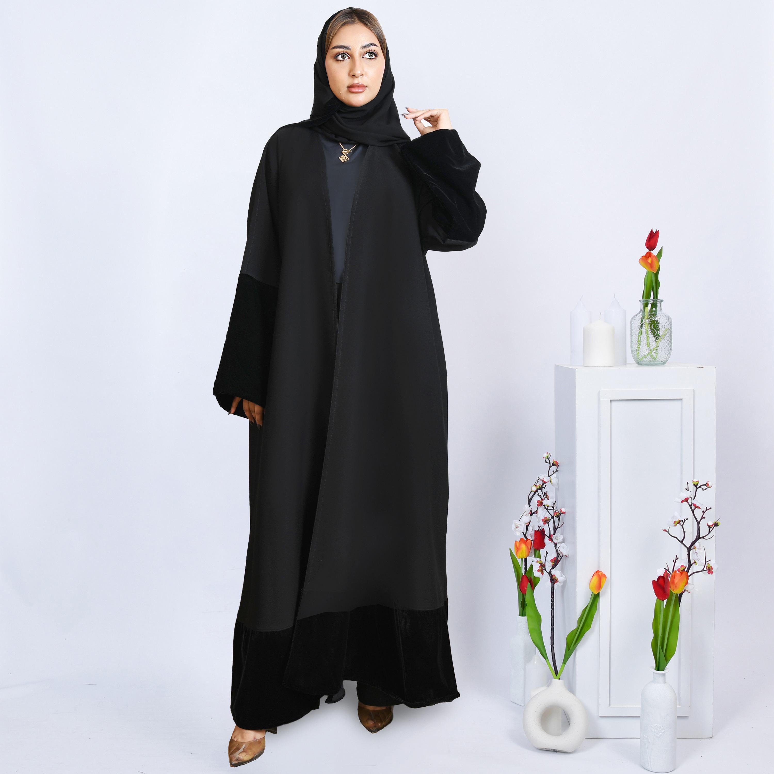 Hawraa Black Open-Front Neck Velvet Edge Flared Sleeves Crepe Women's Abaya with Hijab-women-arabicclothing-abayas-image-5