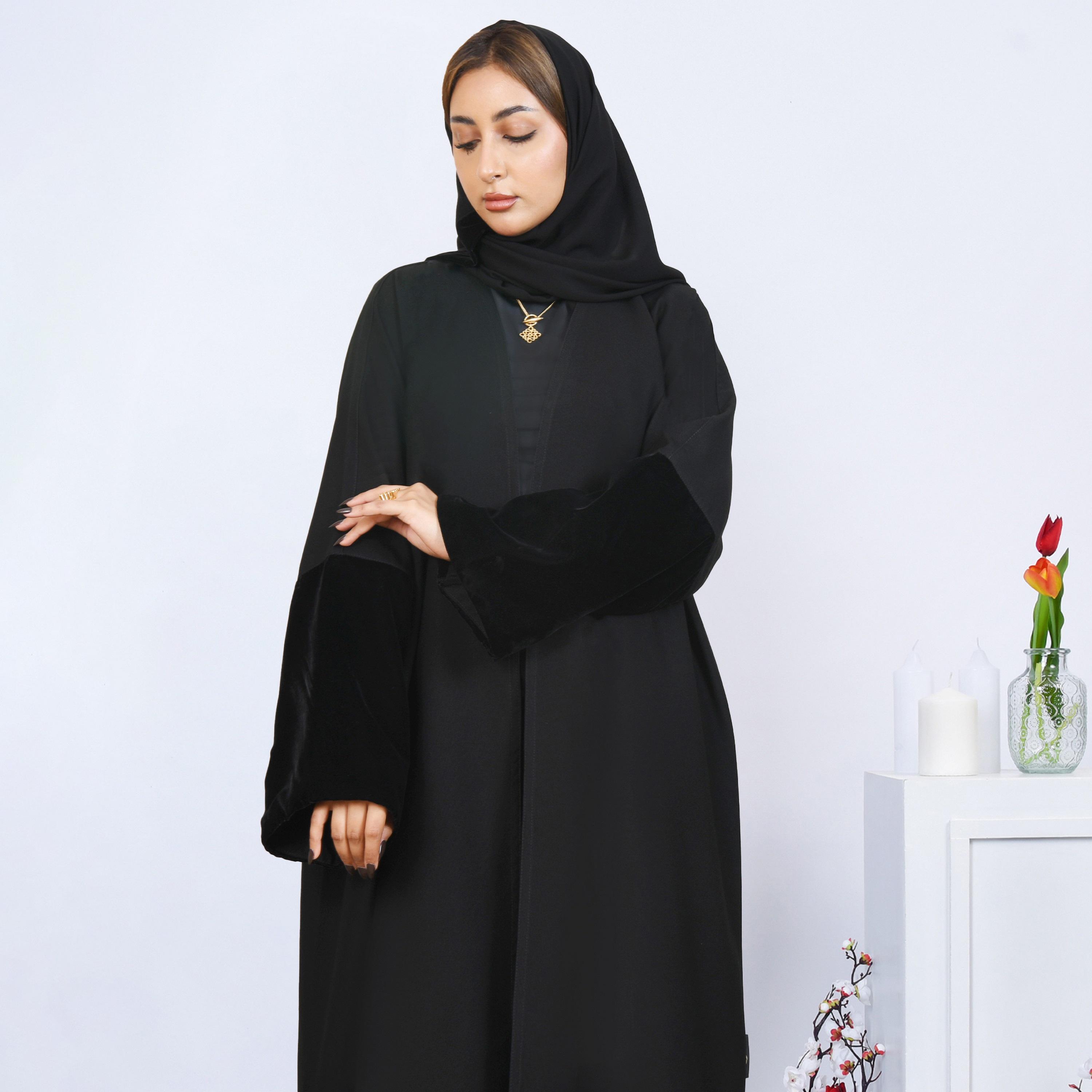 Hawraa Black Open-Front Neck Velvet Edge Flared Sleeves Crepe Women's Abaya with Hijab-women-arabicclothing-abayas-image-6