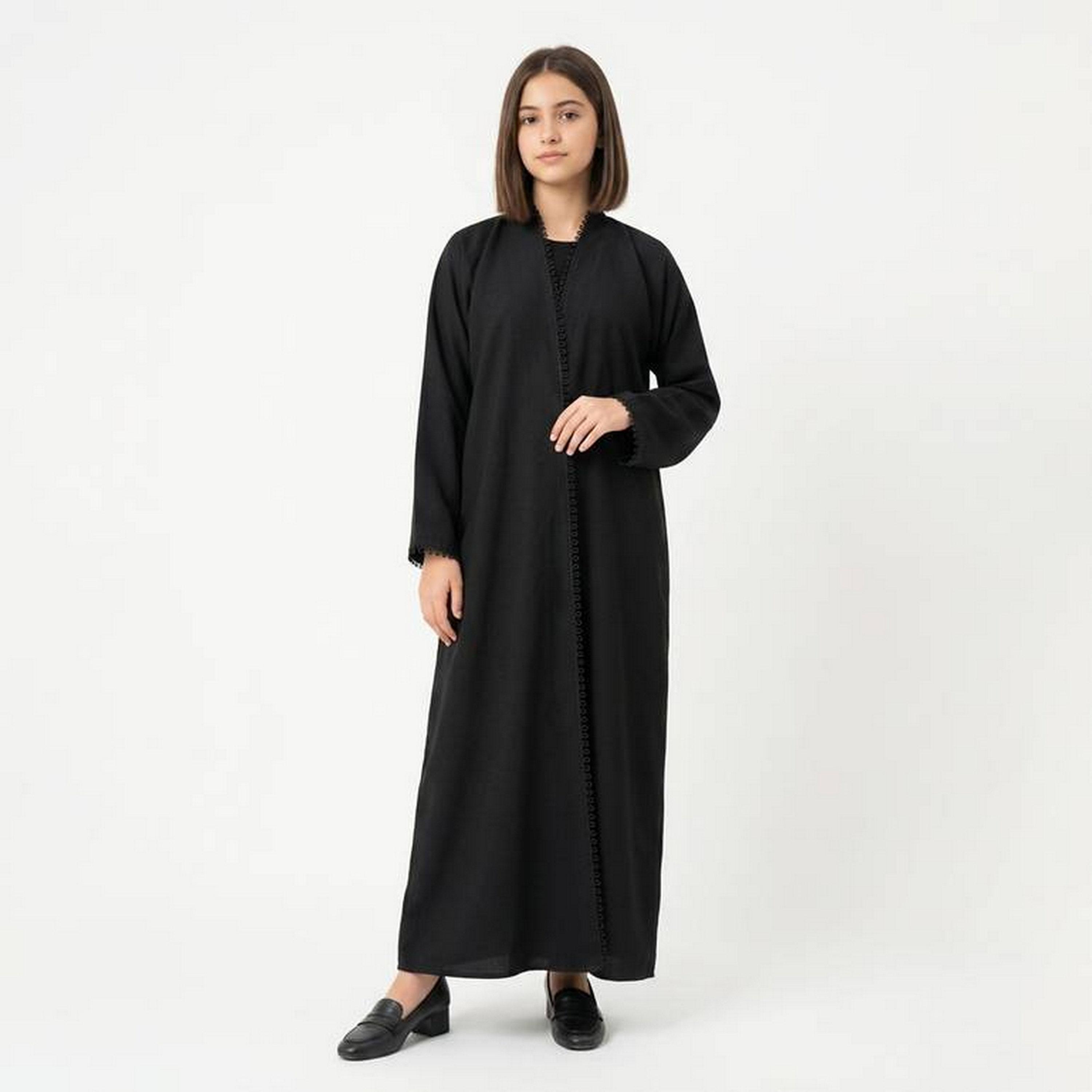 Hawraa Black Embroidered Trim Linen Girls Abaya with Hijab-girls-arabicclothing-abayas-image-1