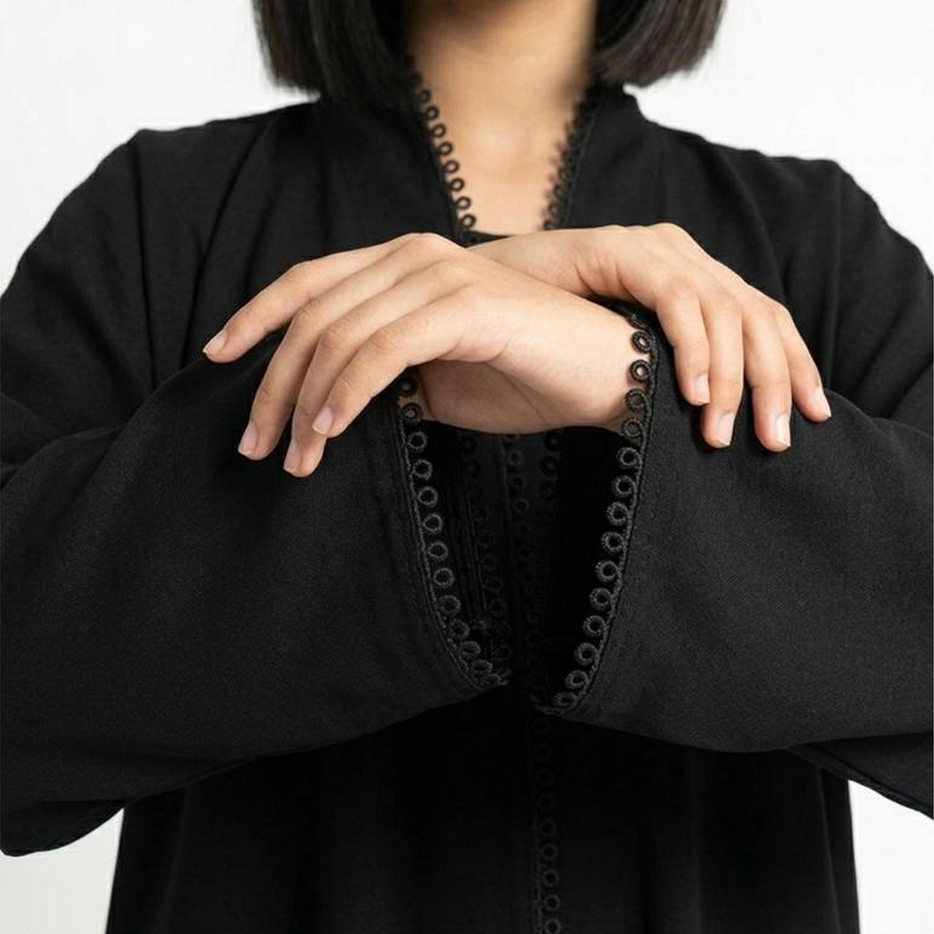 Hawraa Black Embroidered Trim Linen Girls Abaya with Hijab-girls-arabicclothing-abayas-image-2