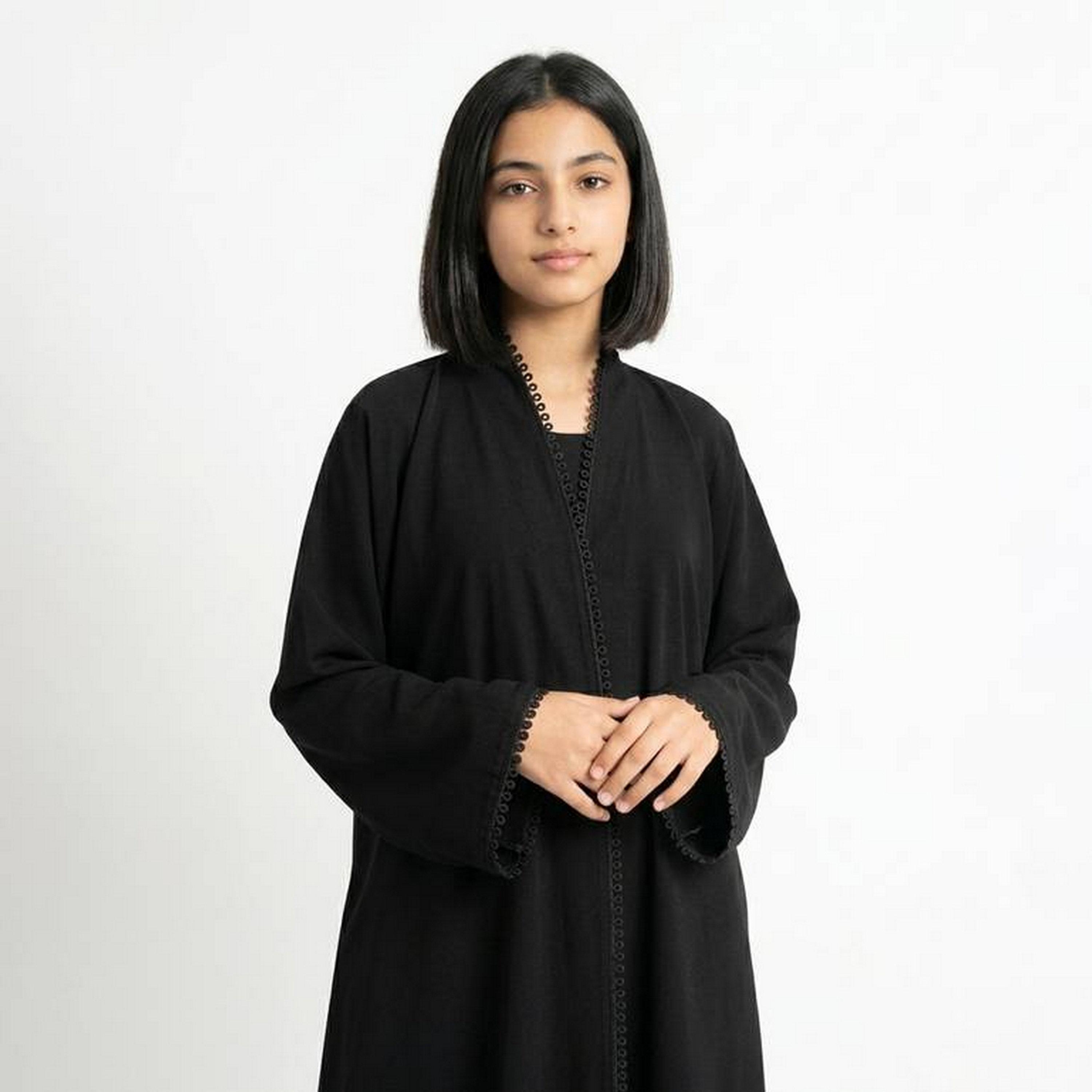 Hawraa Black Embroidered Trim Linen Girls Abaya with Hijab-girls-arabicclothing-abayas-image-3