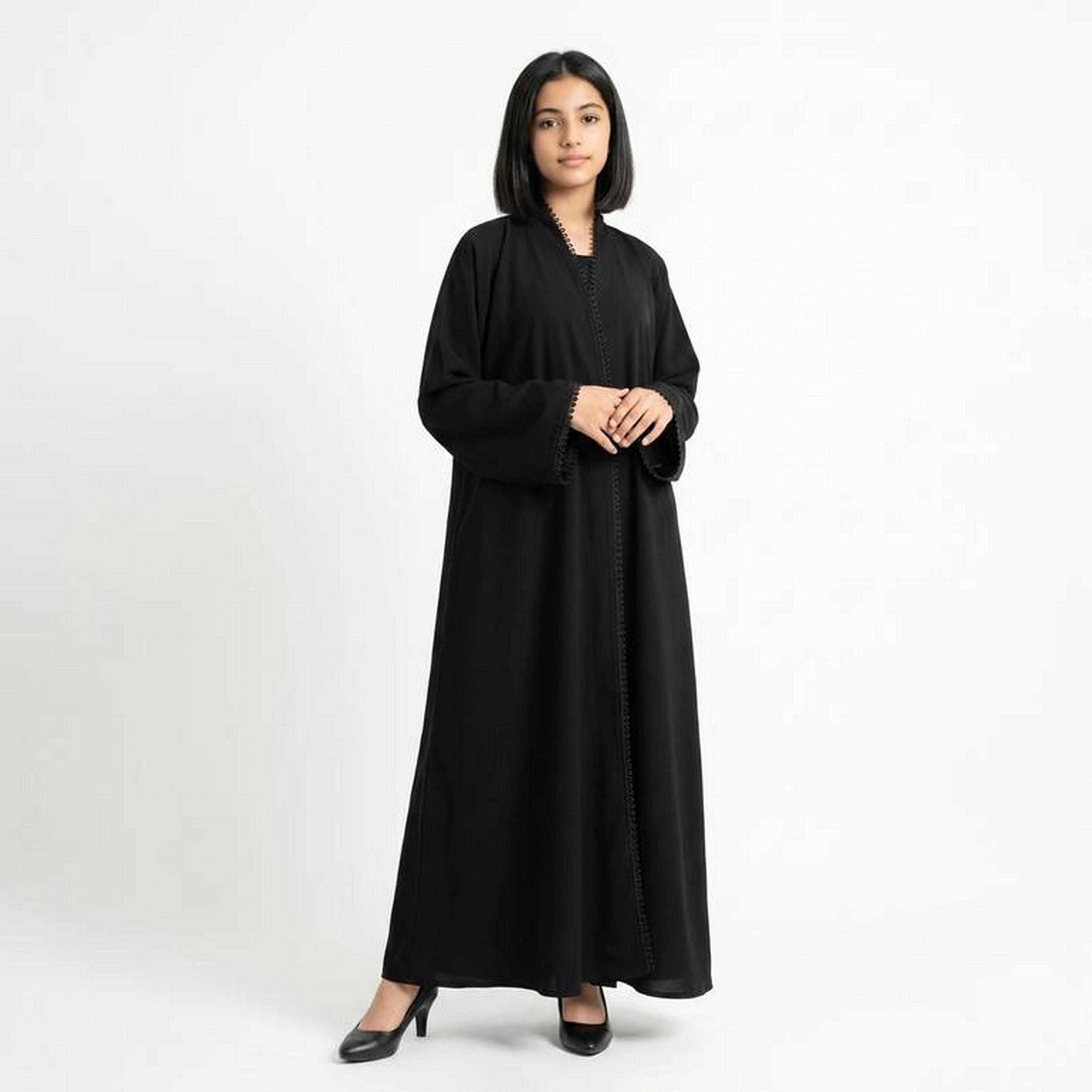 Hawraa Black Embroidered Trim Linen Girls Abaya with Hijab-girls-arabicclothing-abayas-image-4