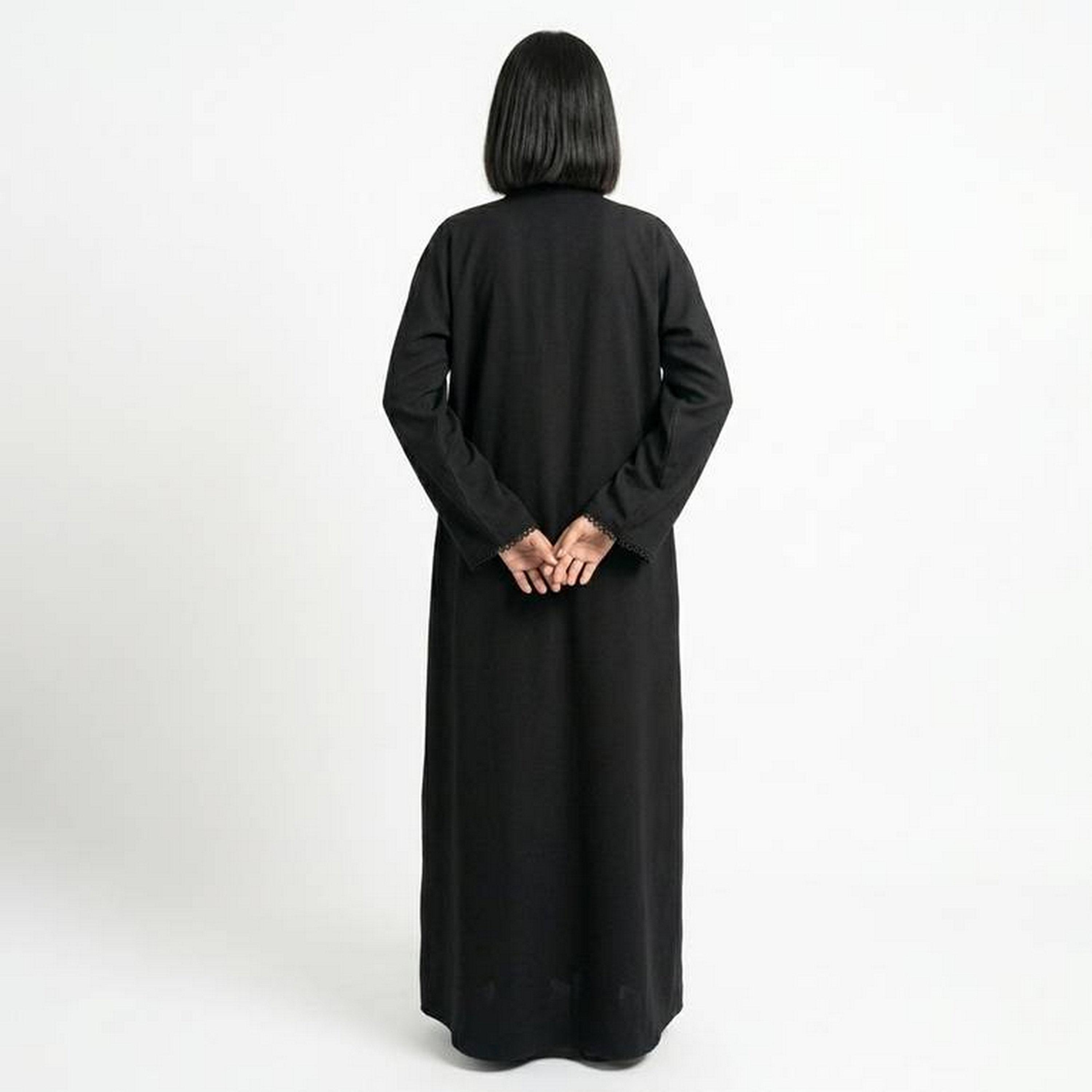 Hawraa Black Embroidered Trim Linen Girls Abaya with Hijab-girls-arabicclothing-abayas-image-5