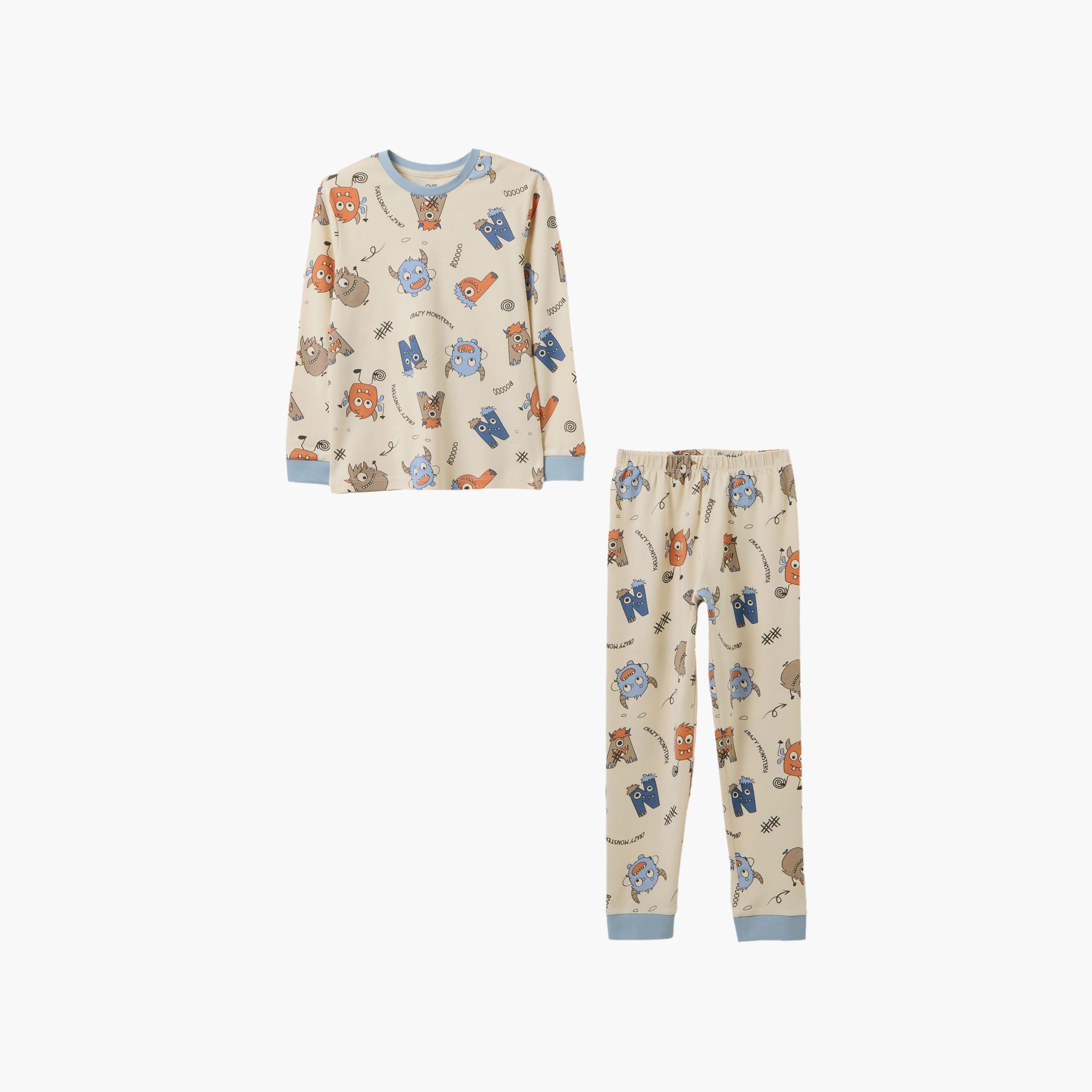 طقم بلوزة قطن مطبوعة بأكمام طويلة وبنطال جوغرز من اوه في اس-boys-clothing-setsandcoords-image-1