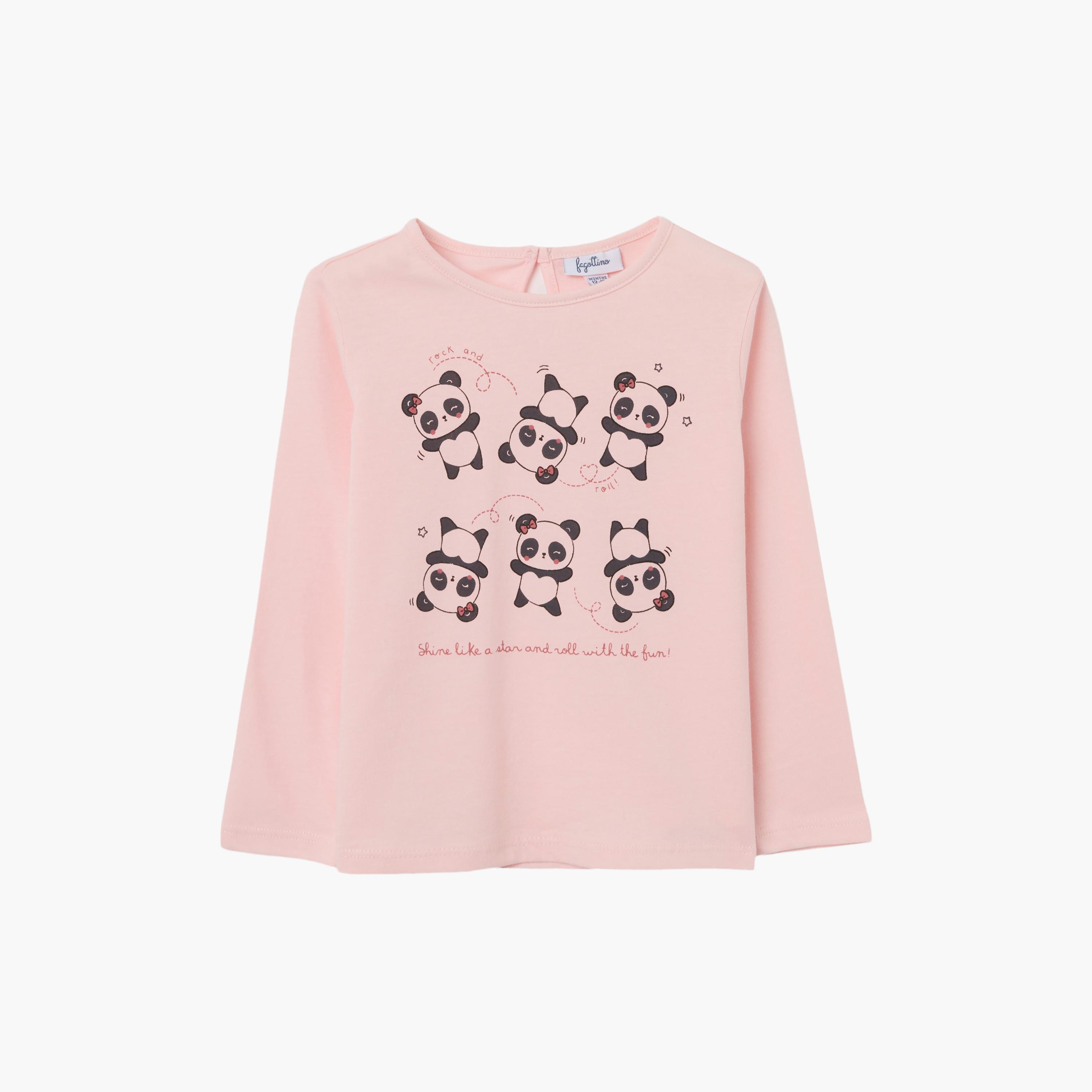تيشيرت قطن بطبعة "باندا" بأكمام قصيرة من اوه في اس-baby-girls-clothing-tshirts-image-1