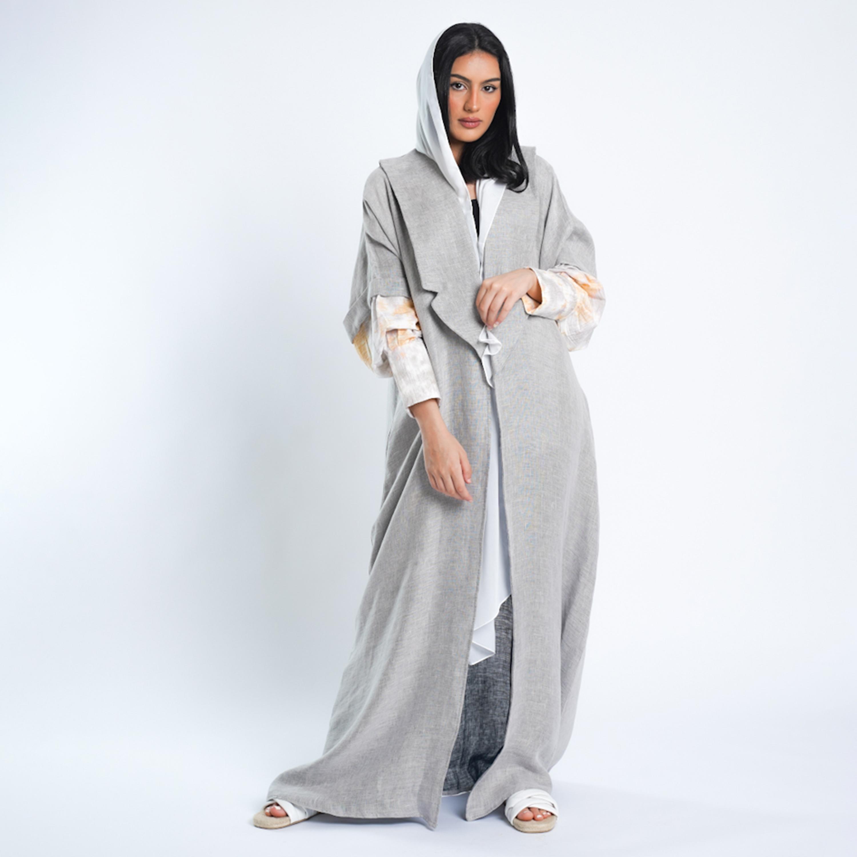 Gheed Grey Lapel Collared Tie and Dye Bishop Sleeve Linen Women's Abaya with Hijab-women-arabicclothing-abayas-image-1