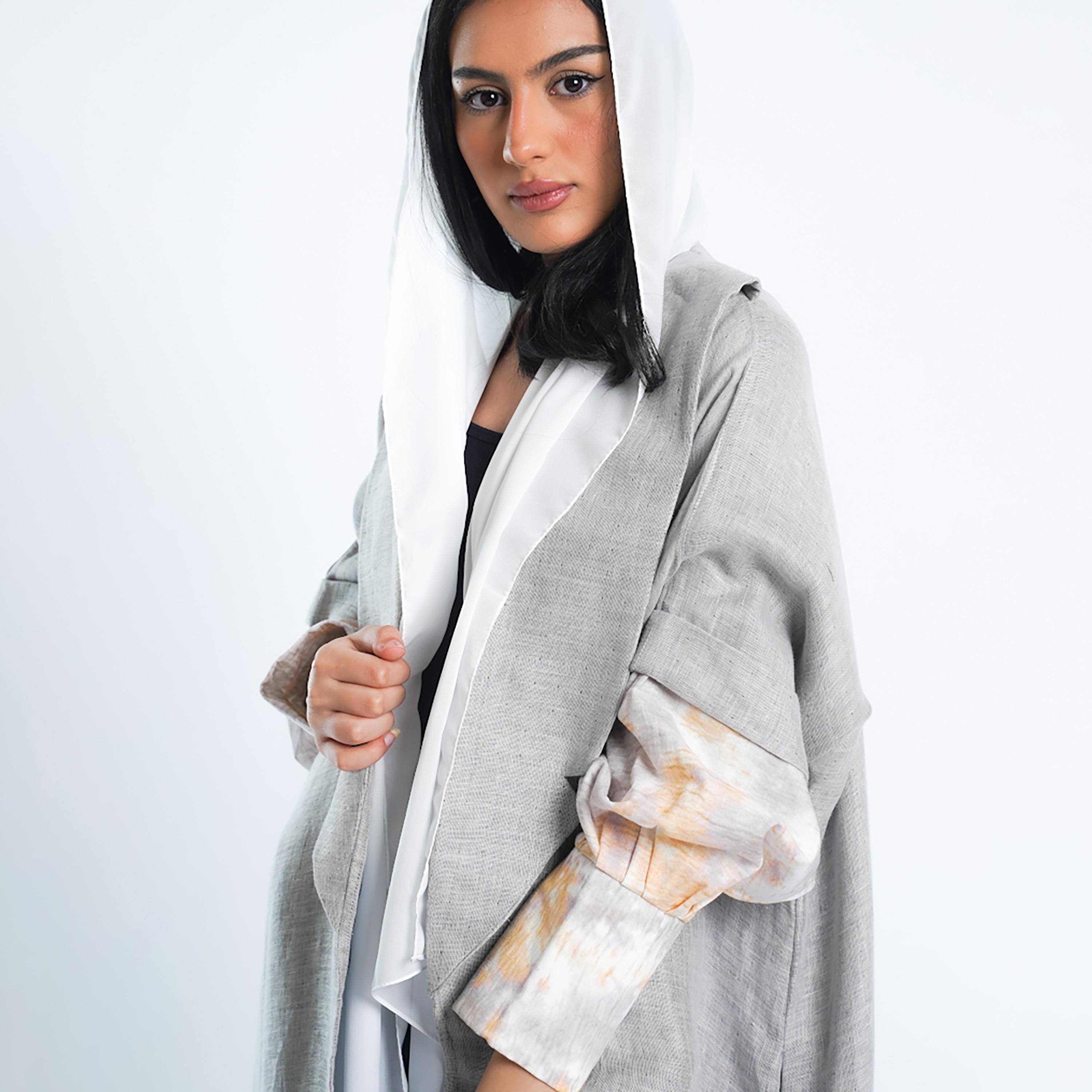 Gheed Grey Lapel Collared Tie and Dye Bishop Sleeve Linen Women's Abaya with Hijab-women-arabicclothing-abayas-image-2