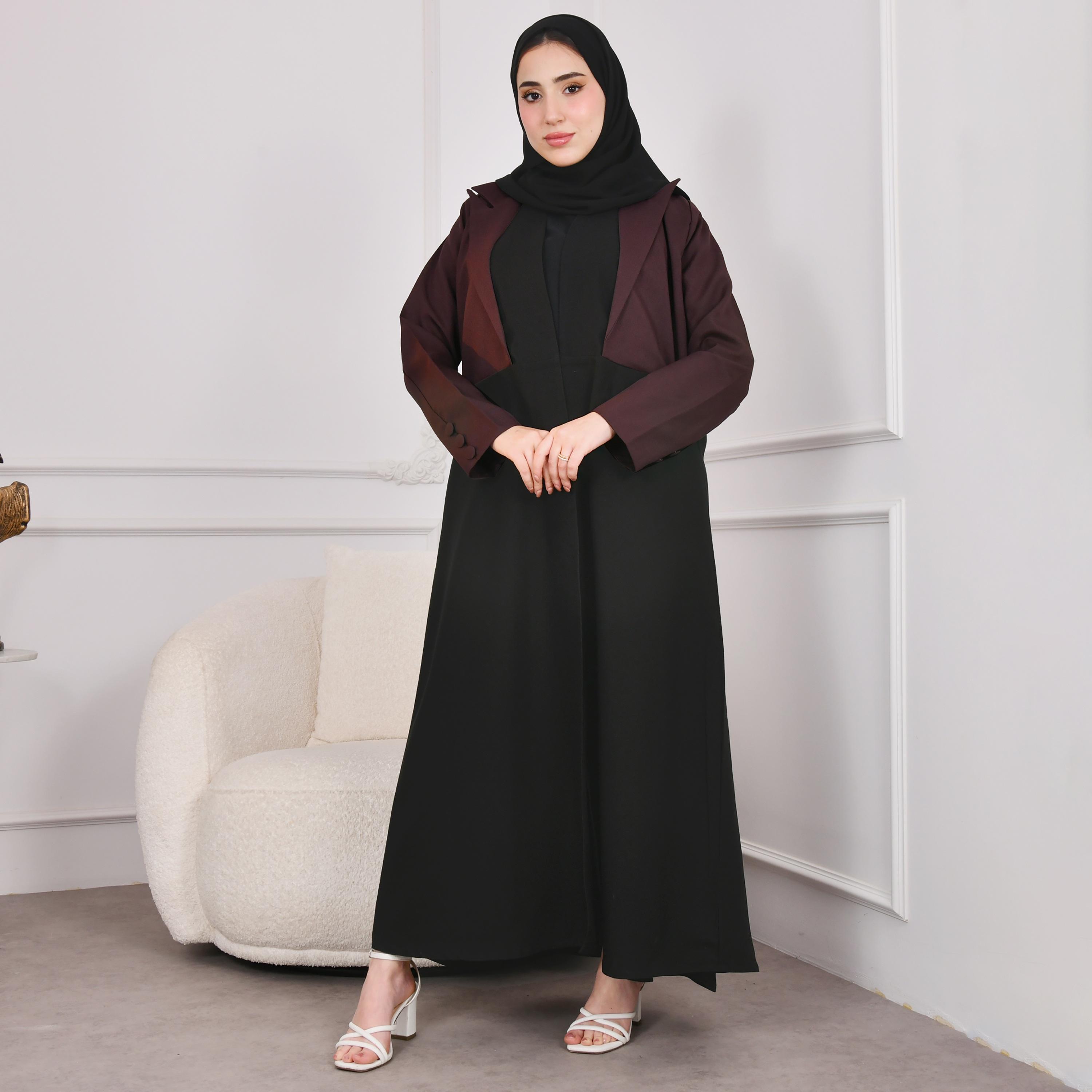 عباية نسائية من الكتان مع حجاب ، سوداء اللون، بياقة مرتفعة من حوراء-women-arabicclothing-abayas-image-1