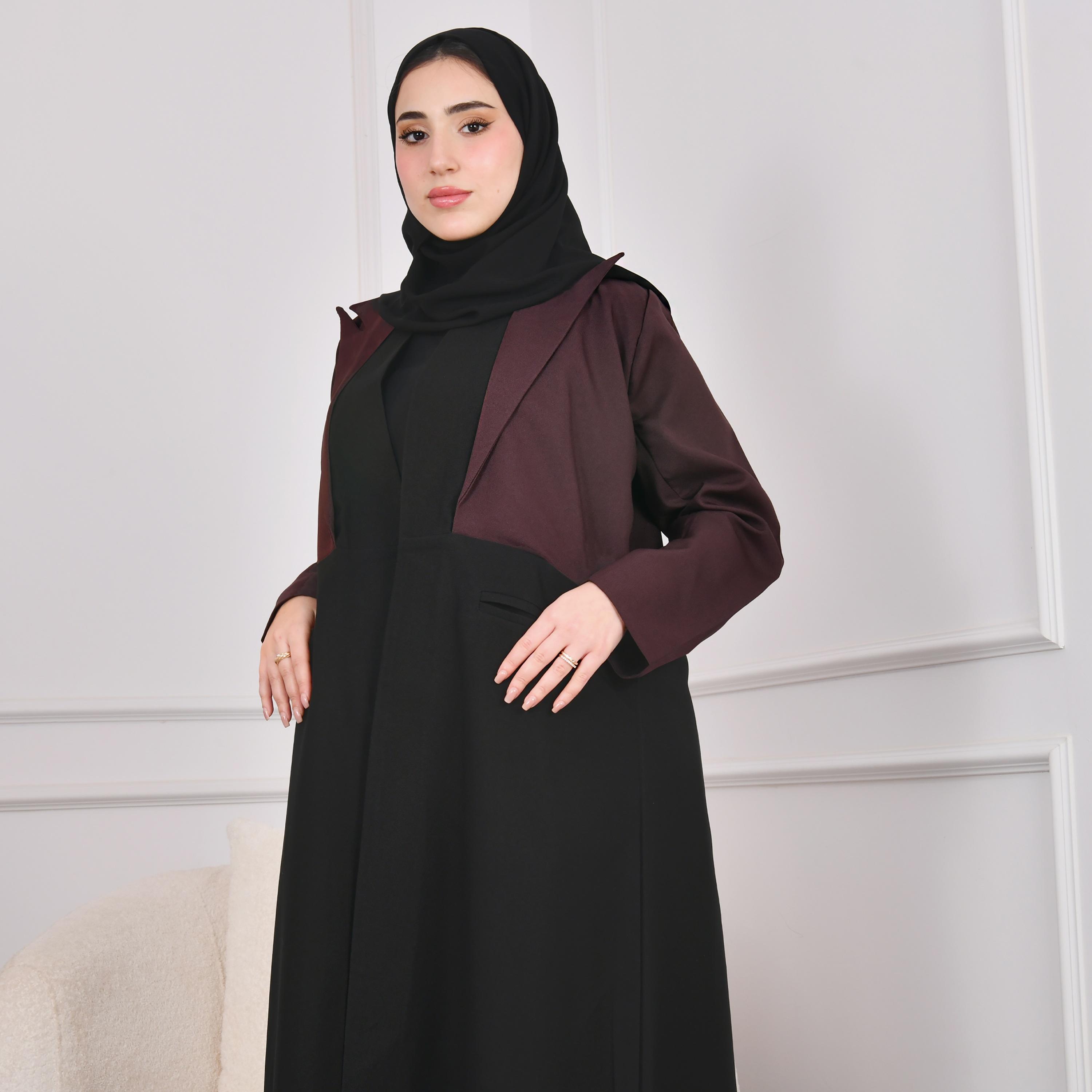 عباية نسائية من الكتان مع حجاب ، سوداء اللون، بياقة مرتفعة من حوراء-women-arabicclothing-abayas-image-2