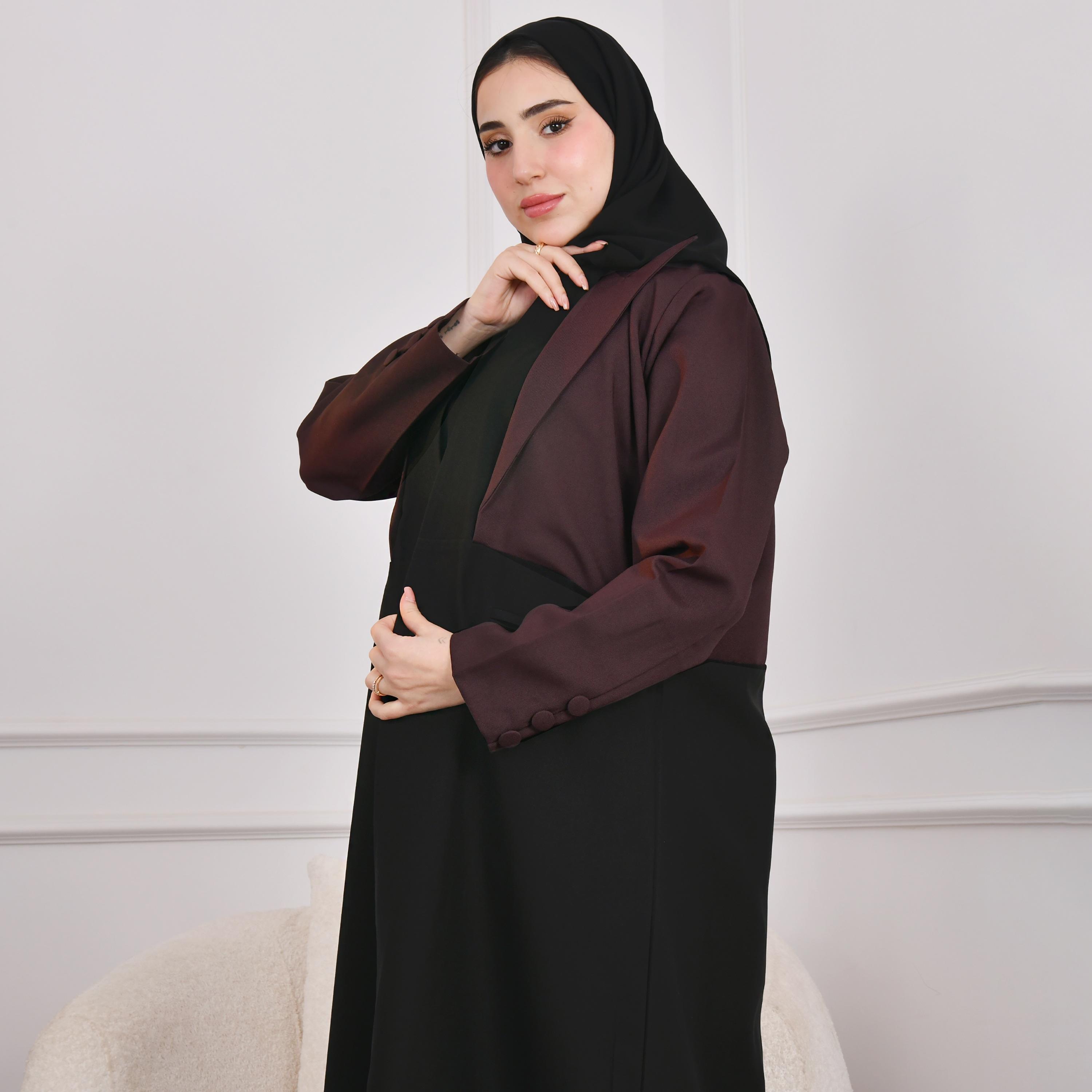 عباية نسائية من الكتان مع حجاب ، سوداء اللون، بياقة مرتفعة من حوراء-women-arabicclothing-abayas-image-3