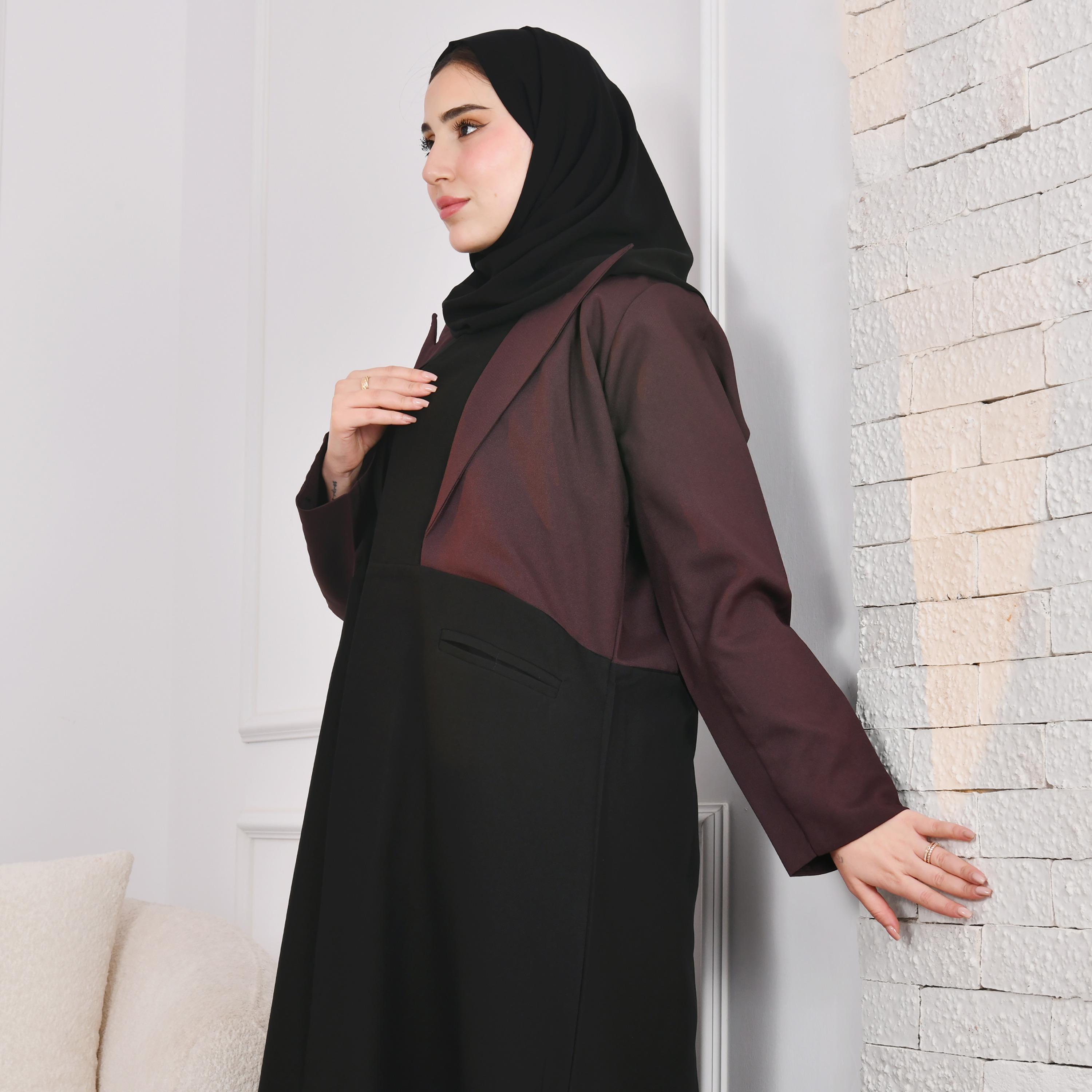 عباية نسائية من الكتان مع حجاب ، سوداء اللون، بياقة مرتفعة من حوراء-women-arabicclothing-abayas-image-4