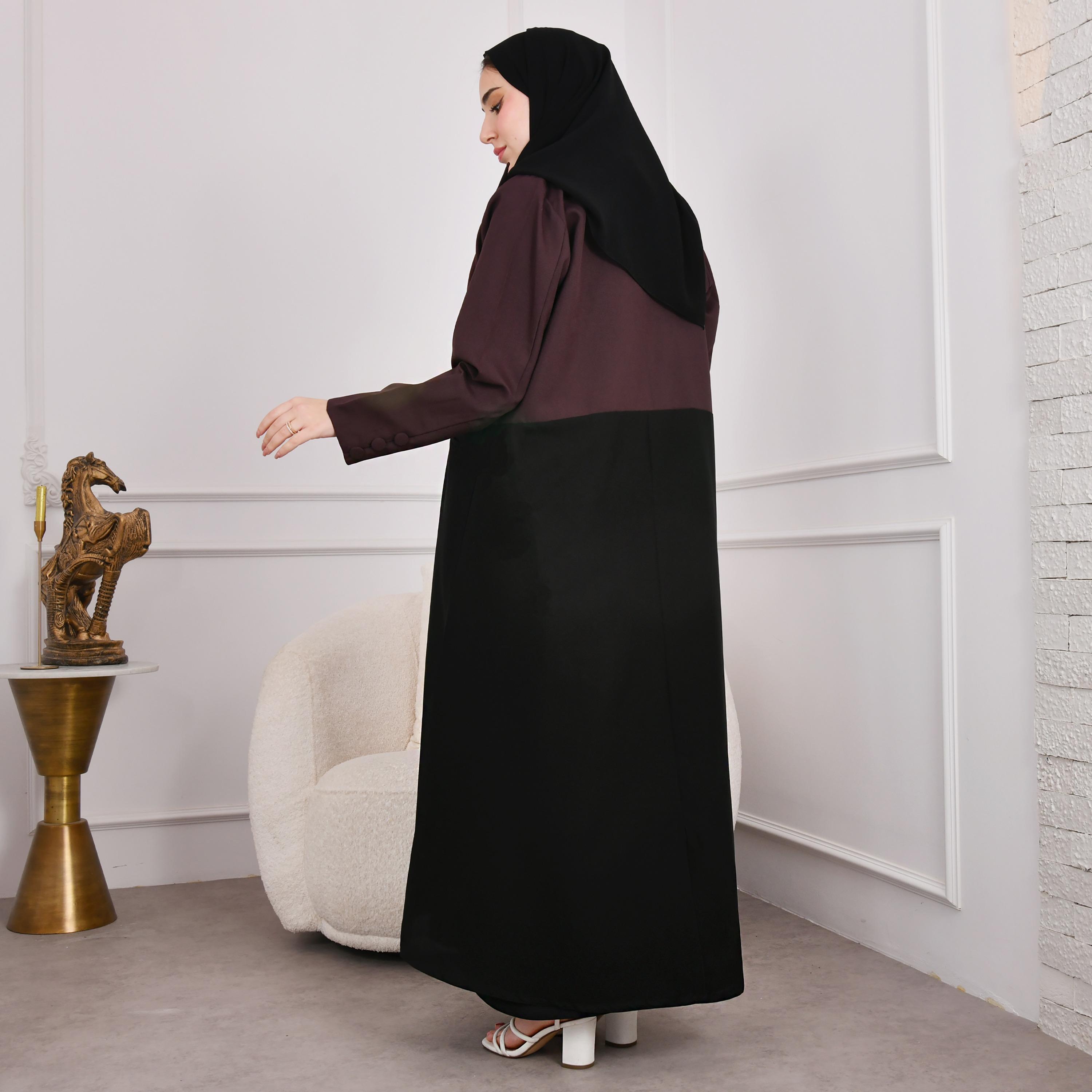 عباية نسائية من الكتان مع حجاب ، سوداء اللون، بياقة مرتفعة من حوراء-women-arabicclothing-abayas-image-5