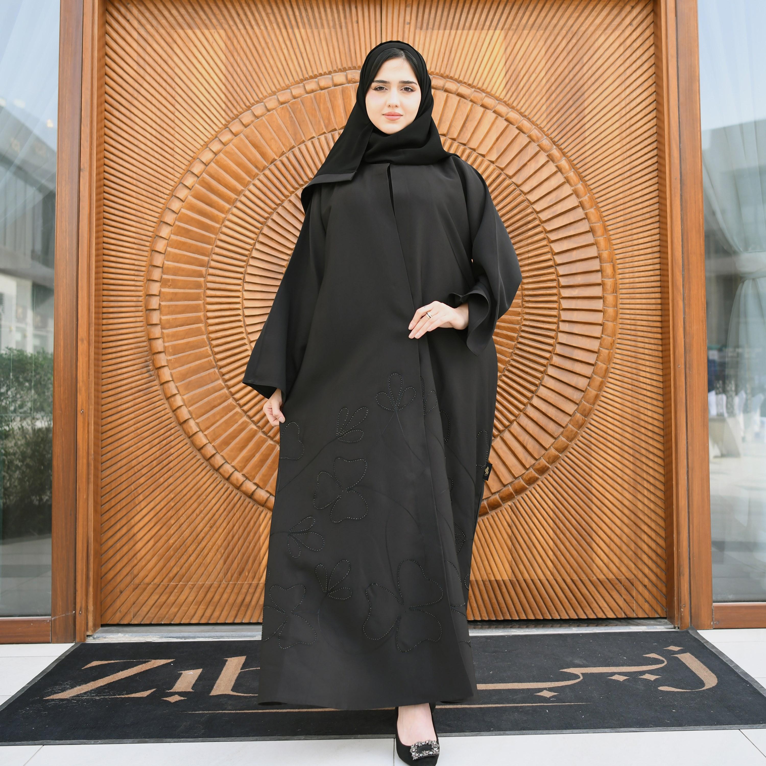 Hawraa Black Embroidered and Sequins Cloche Wrap Abaya with Hijab-women-arabicclothing-abayas-image-1