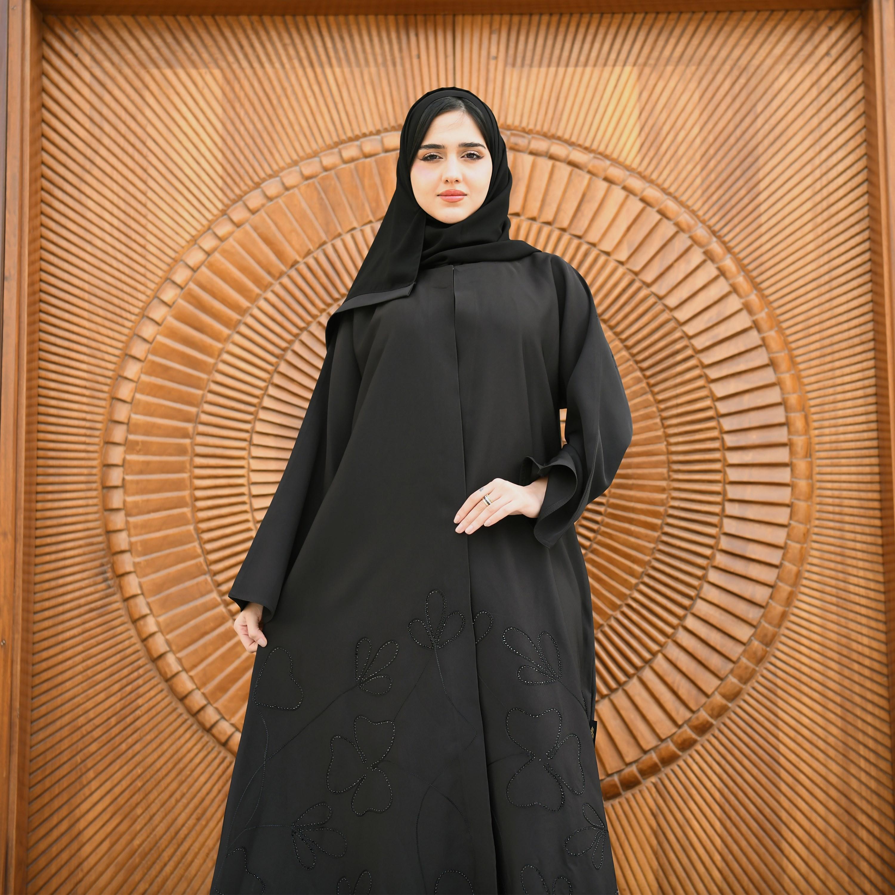 Hawraa Black Embroidered and Sequins Cloche Wrap Abaya with Hijab-women-arabicclothing-abayas-image-2
